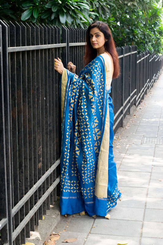 applique chanderi saree blue 