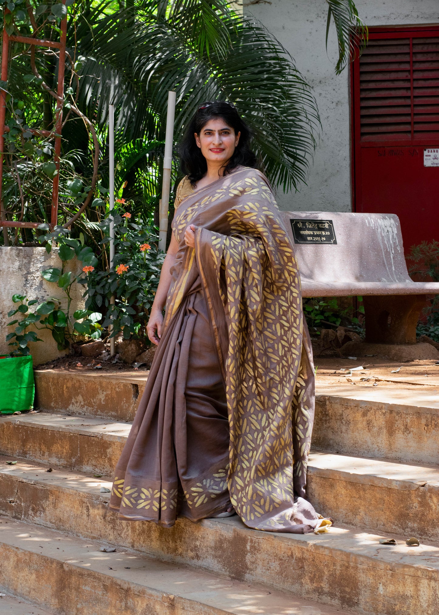 Brown Applique Chanderi Saree