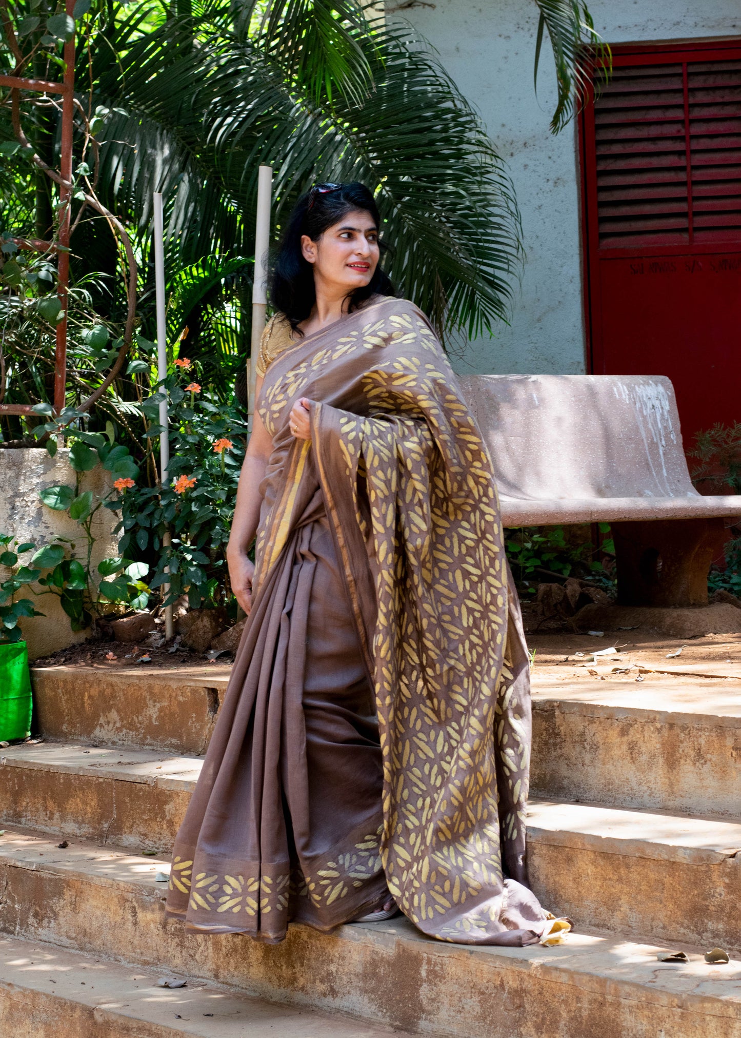 Brown Applique Chanderi Saree