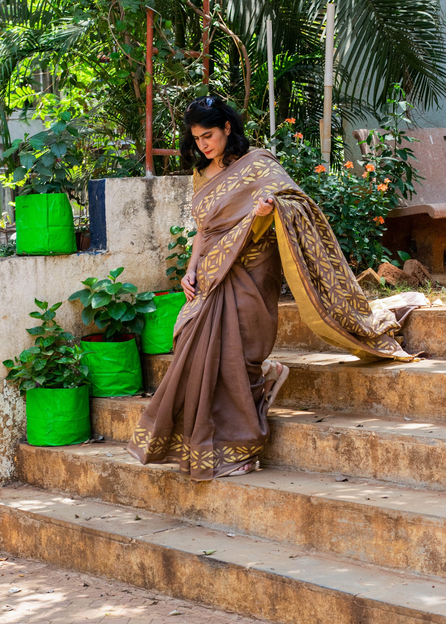 Brown Applique Chanderi Saree