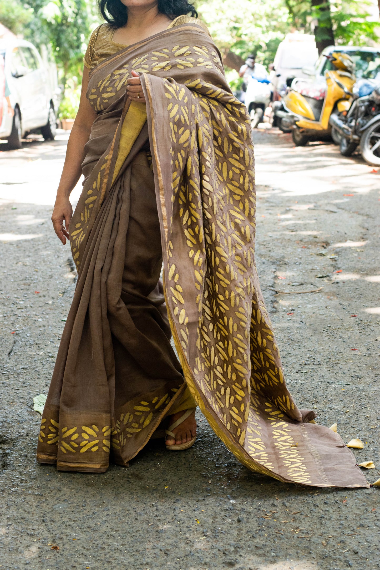 Brown Applique Chanderi Saree