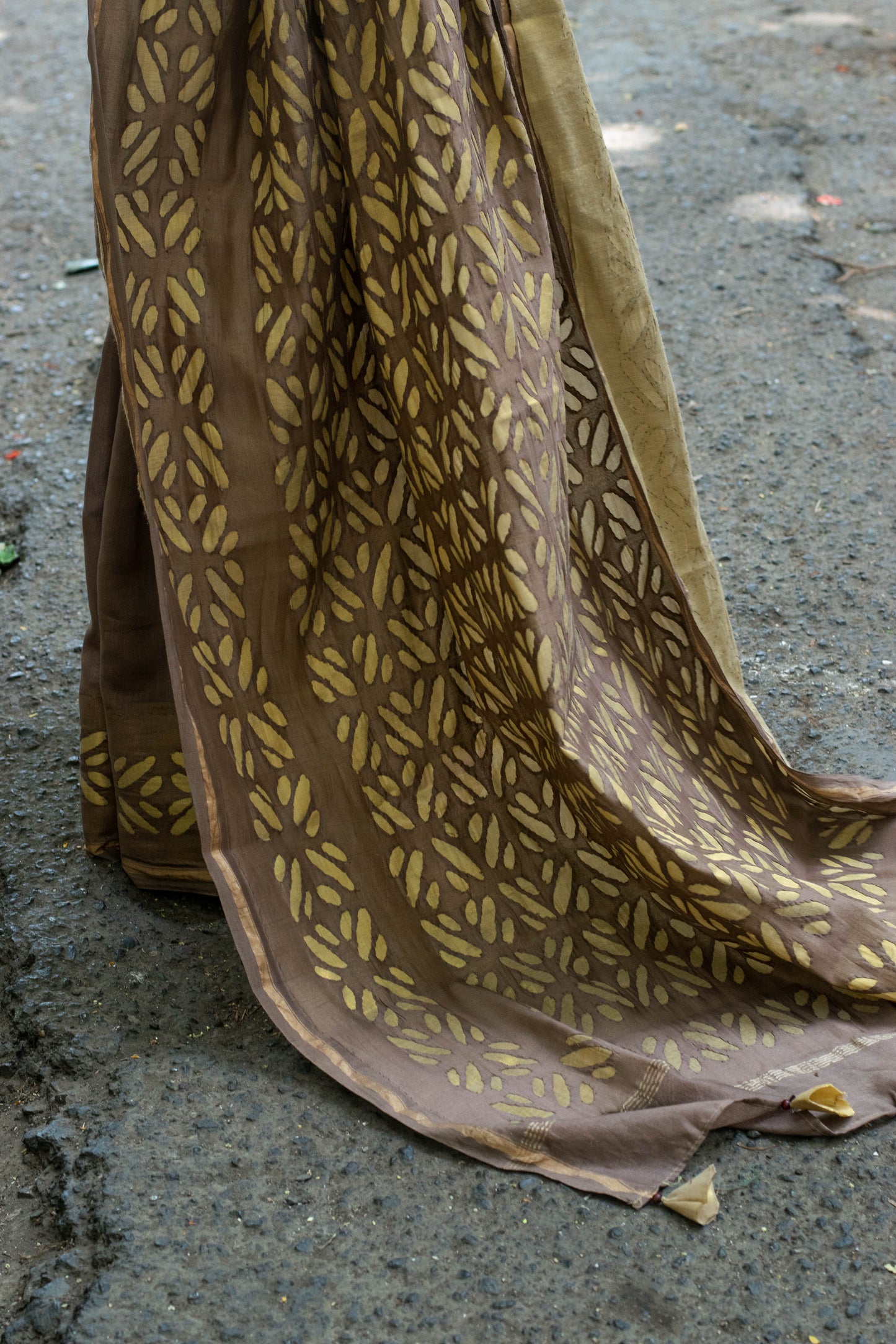 Brown Applique Chanderi Saree