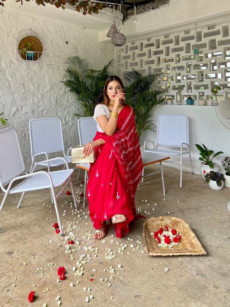 Red Mul Kantha stitch saree