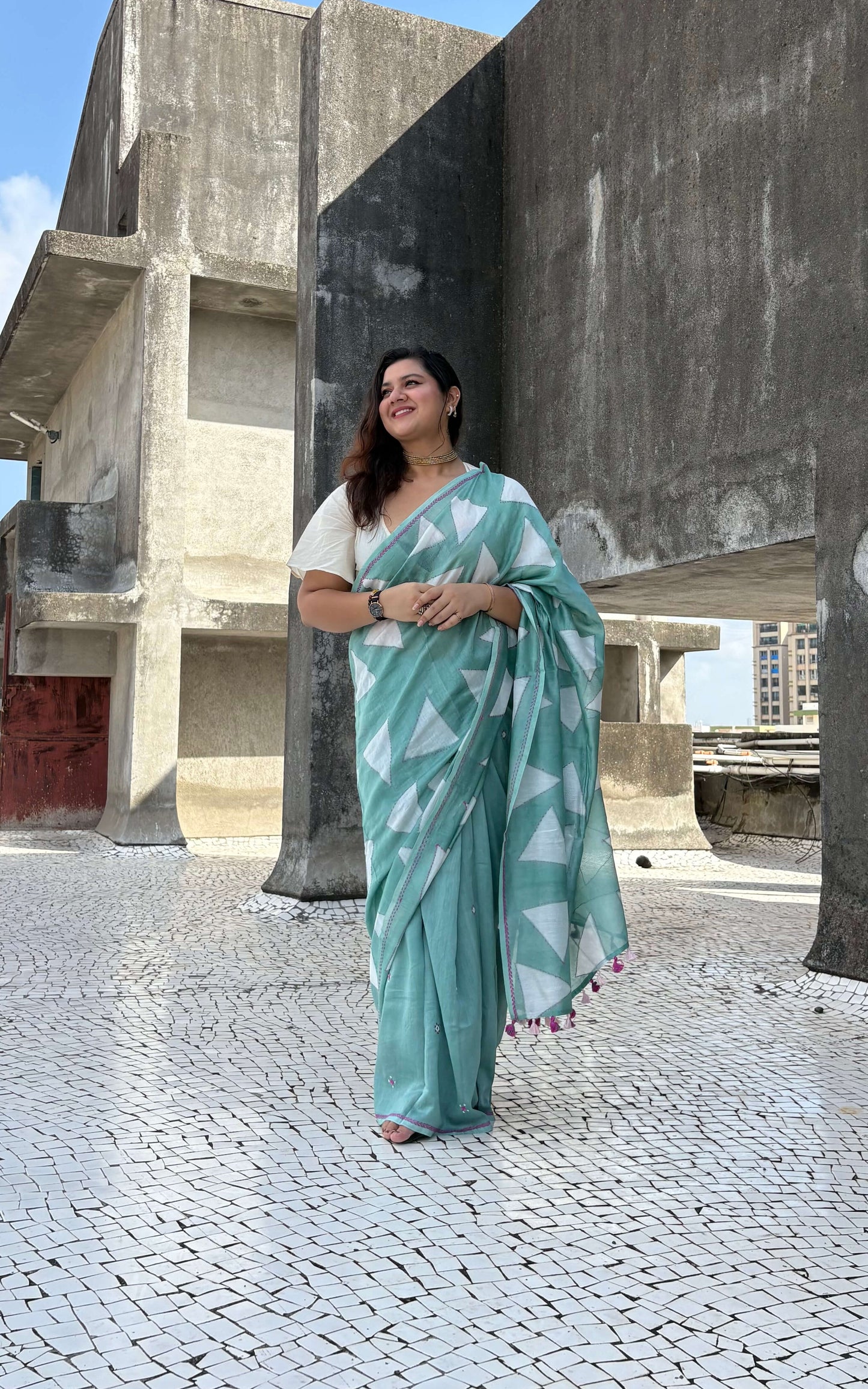 Pihu - Sage green Chanderi Clamp dye saree