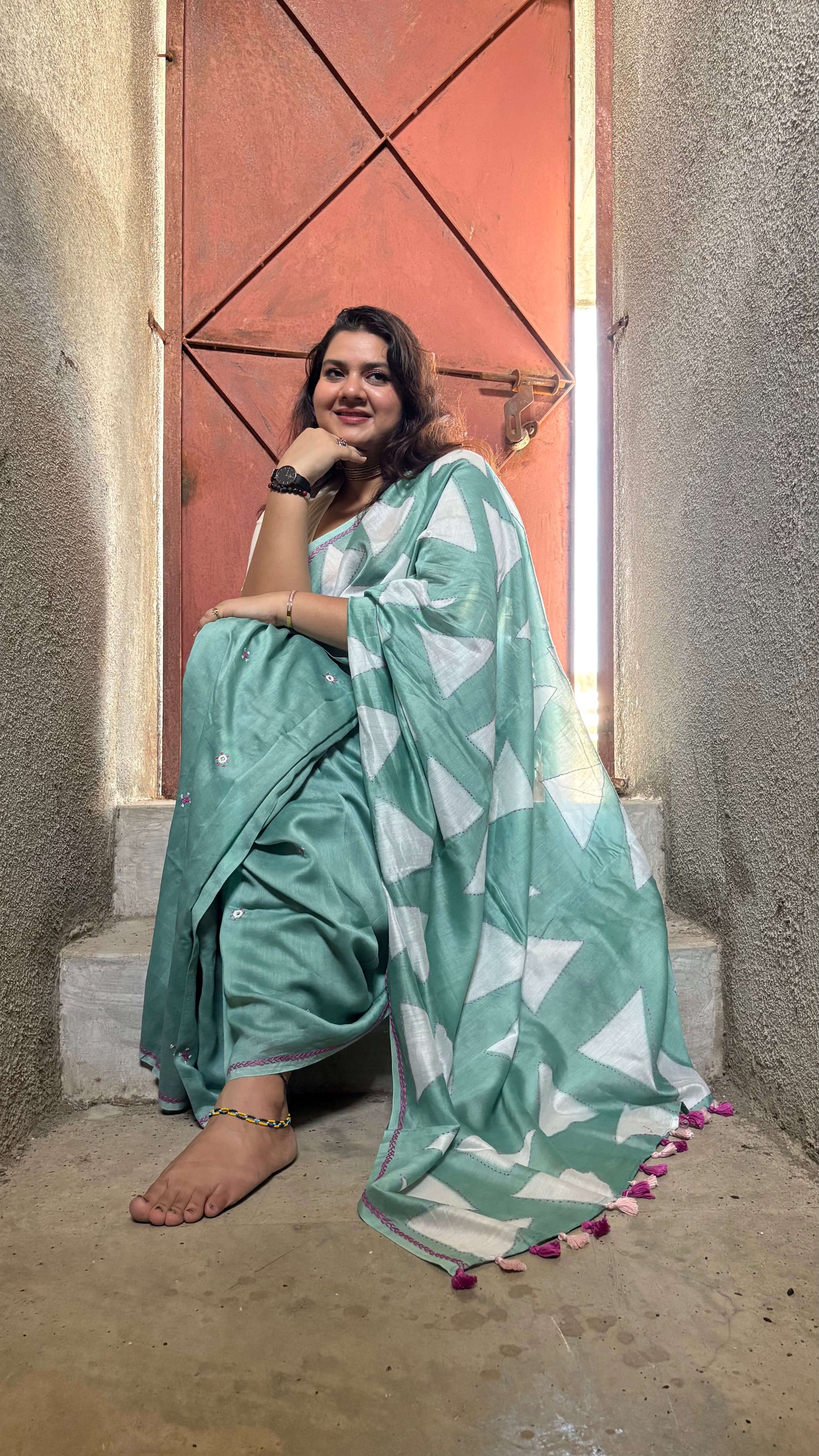 Pihu - Sage green Chanderi Clamp dye saree