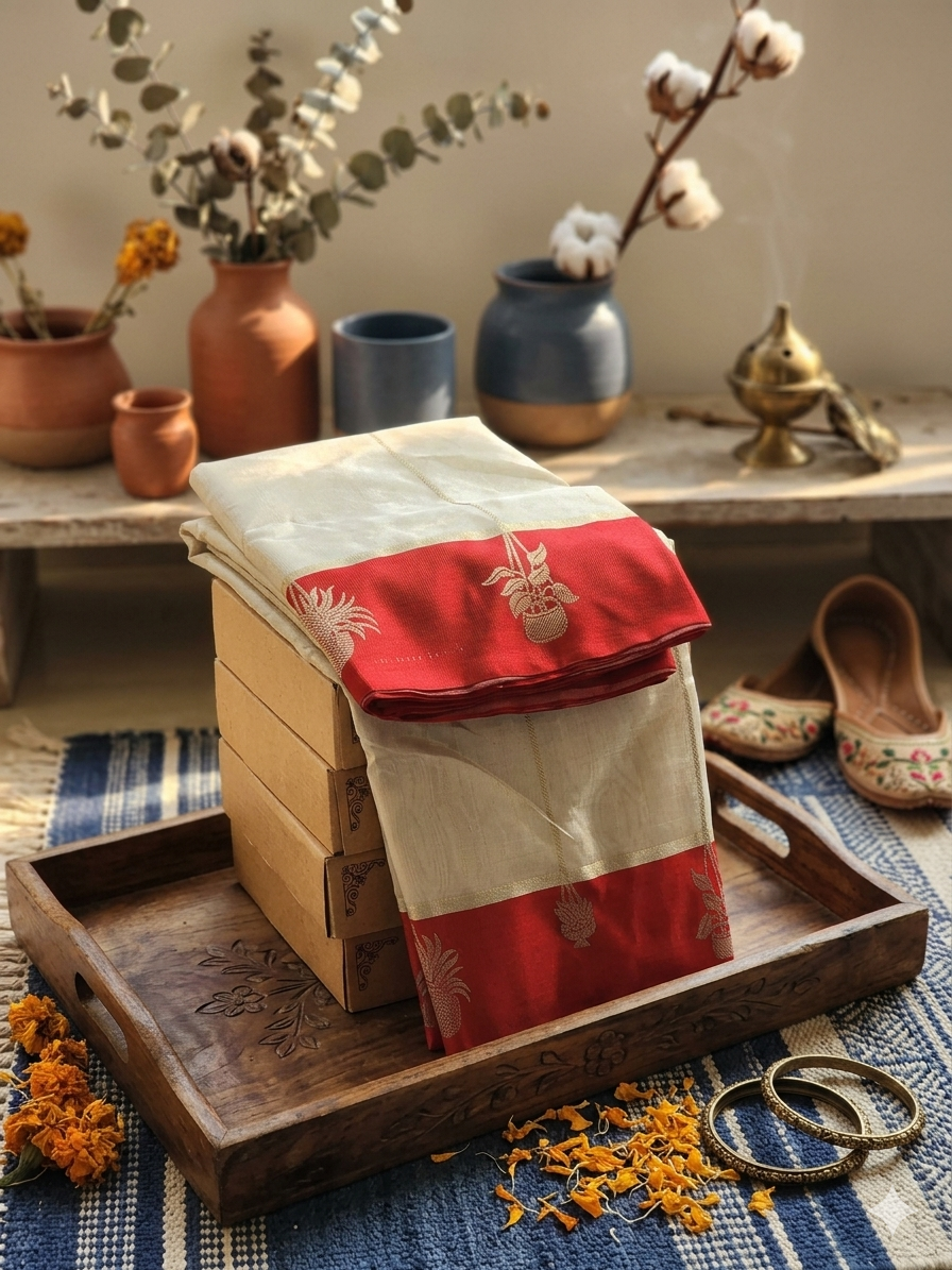 Cream red Chanderi Silk Saree I Silk mark I Handwoven