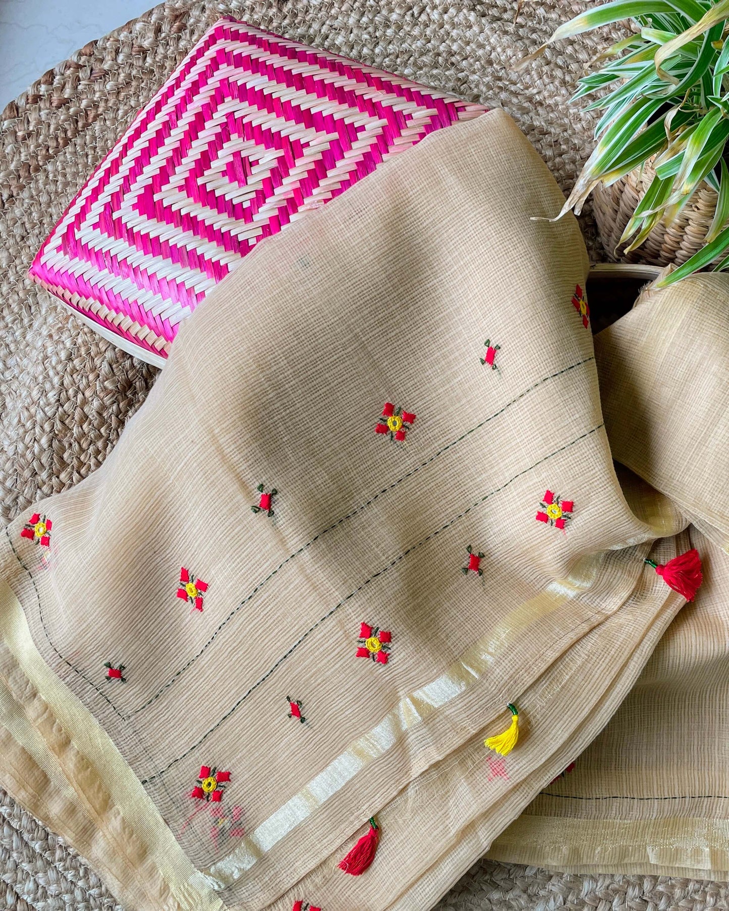 Gold Kota cotton embroidered Saree