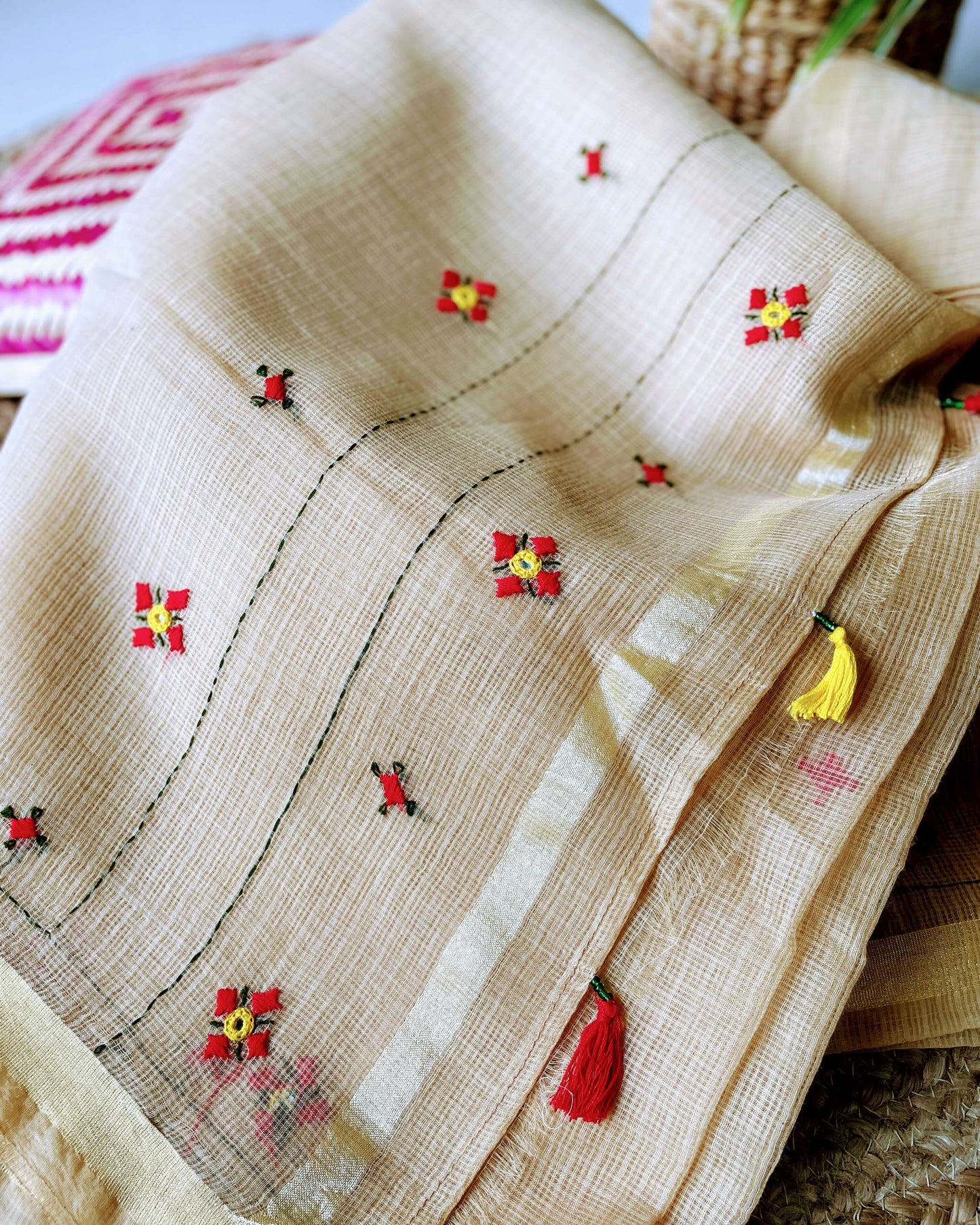 Gold Kota cotton embroidered Saree