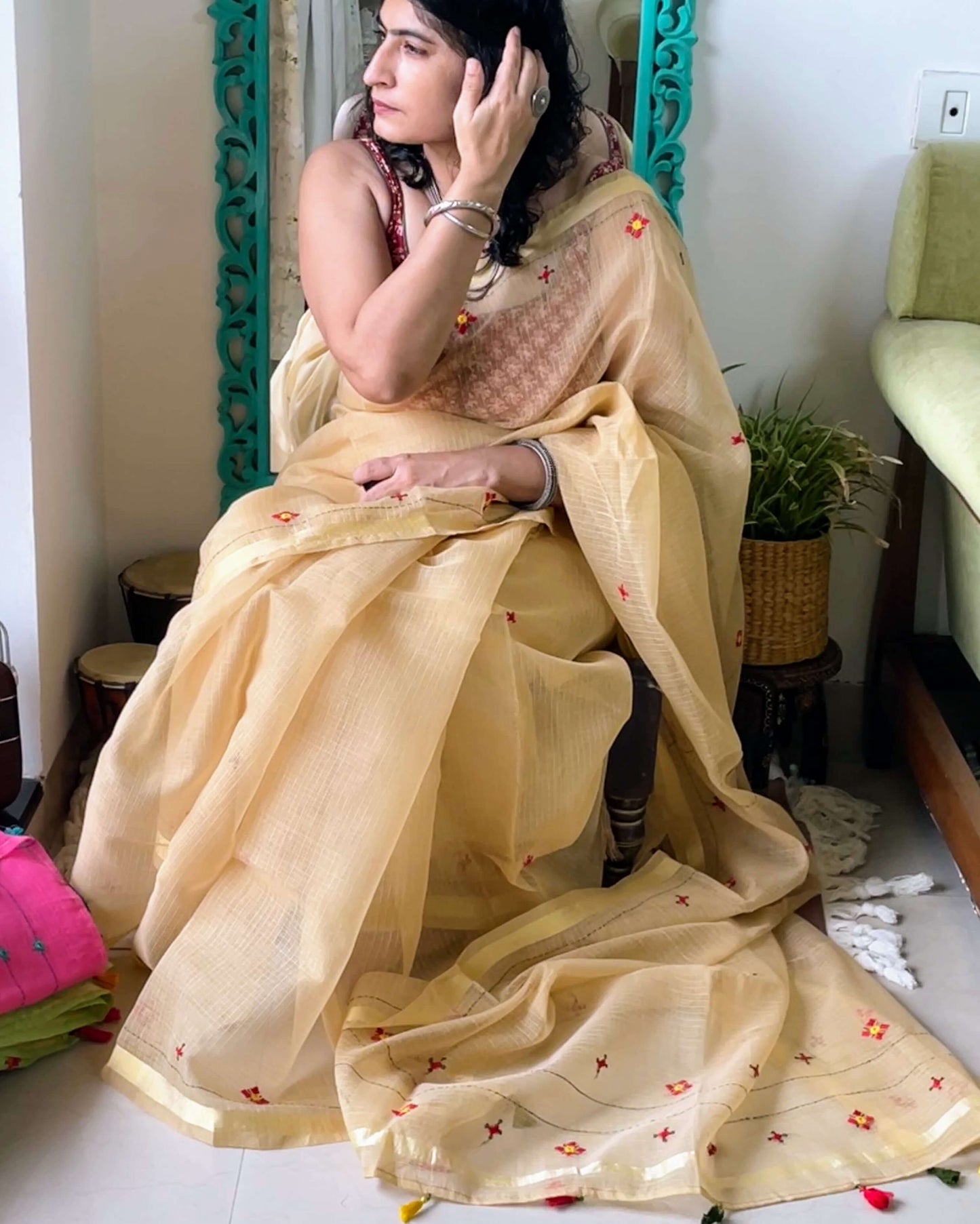 Gold Kota cotton embroidered Saree
