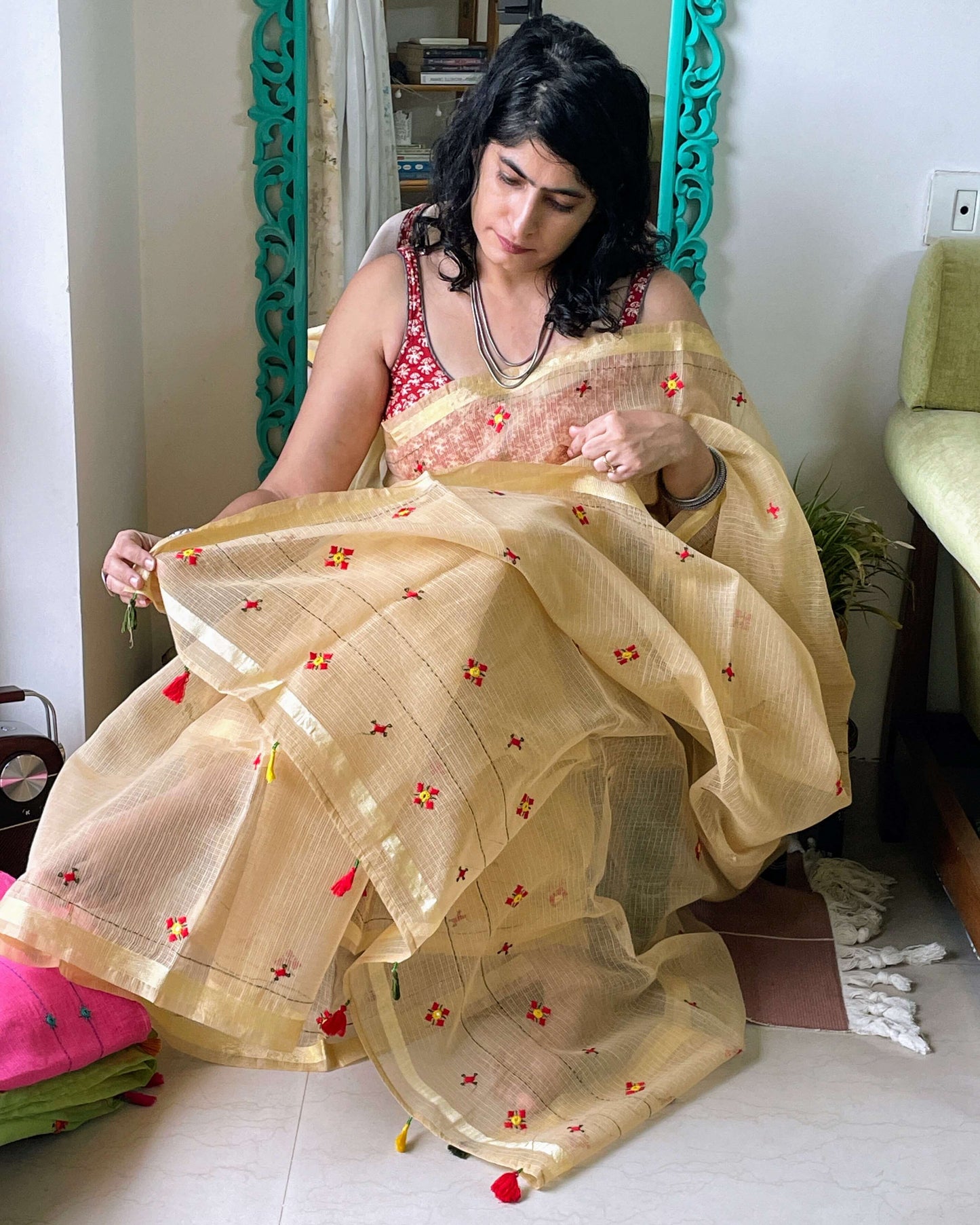 Gold Kota cotton embroidered Saree