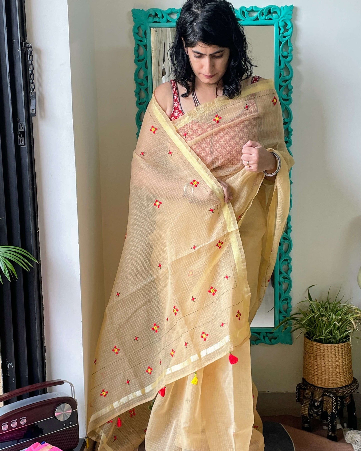 Gold Kota cotton embroidered Saree
