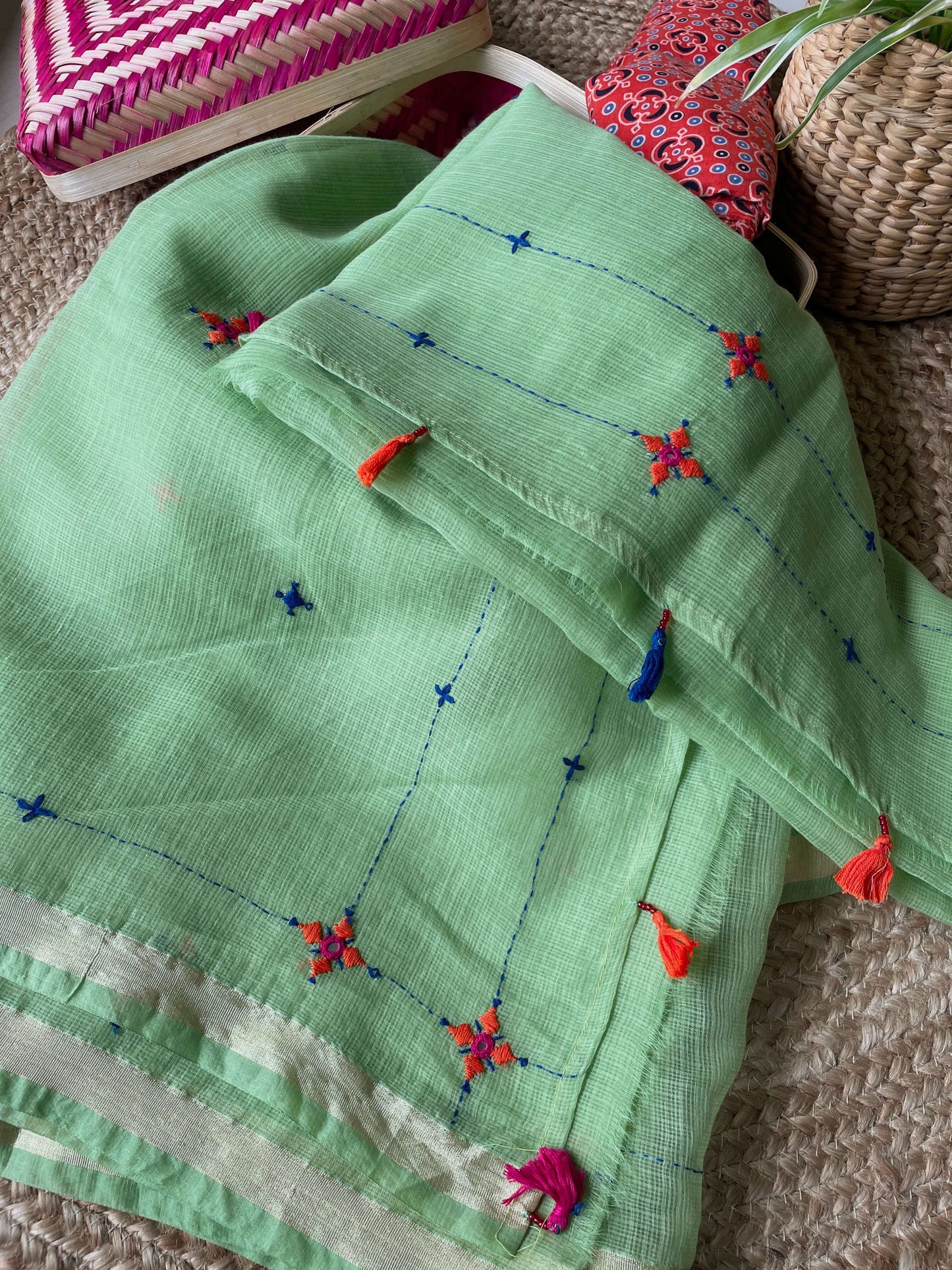 Light green Kota cotton embroidered Saree