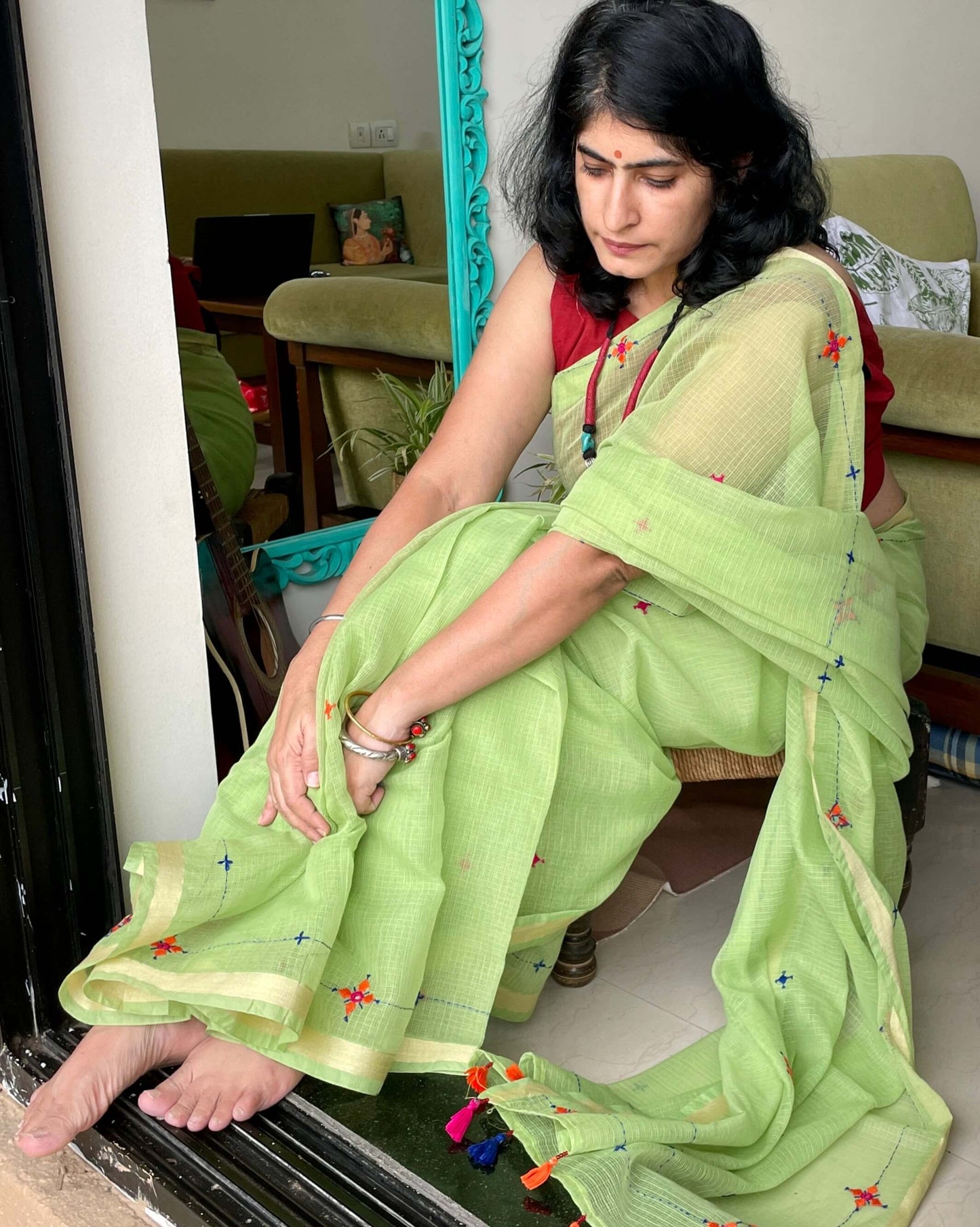 Light green Kota cotton embroidered Saree