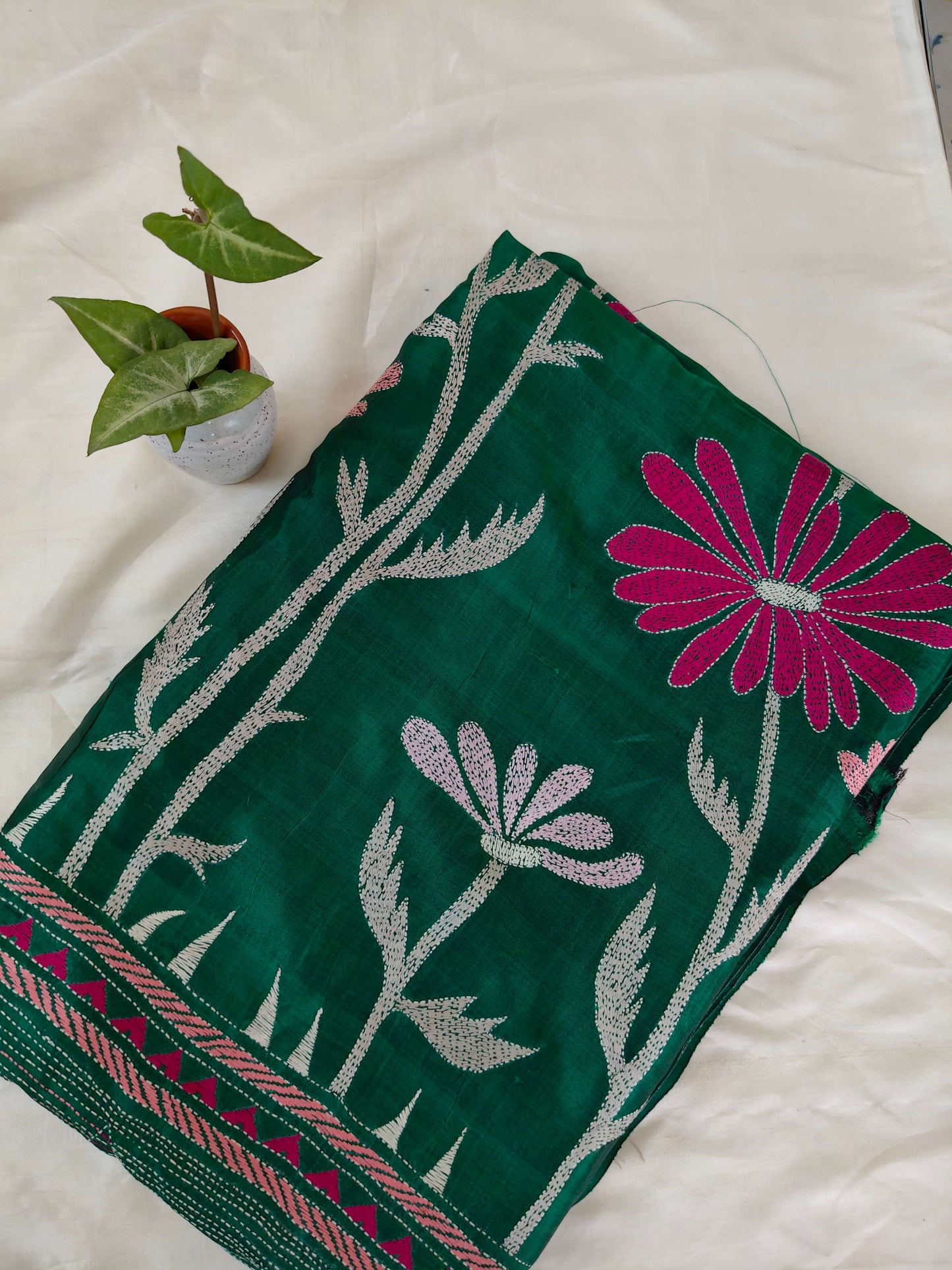 Green floral Silk with Kantha Stitch