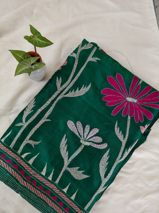 Green floral Silk with Kantha Stitch