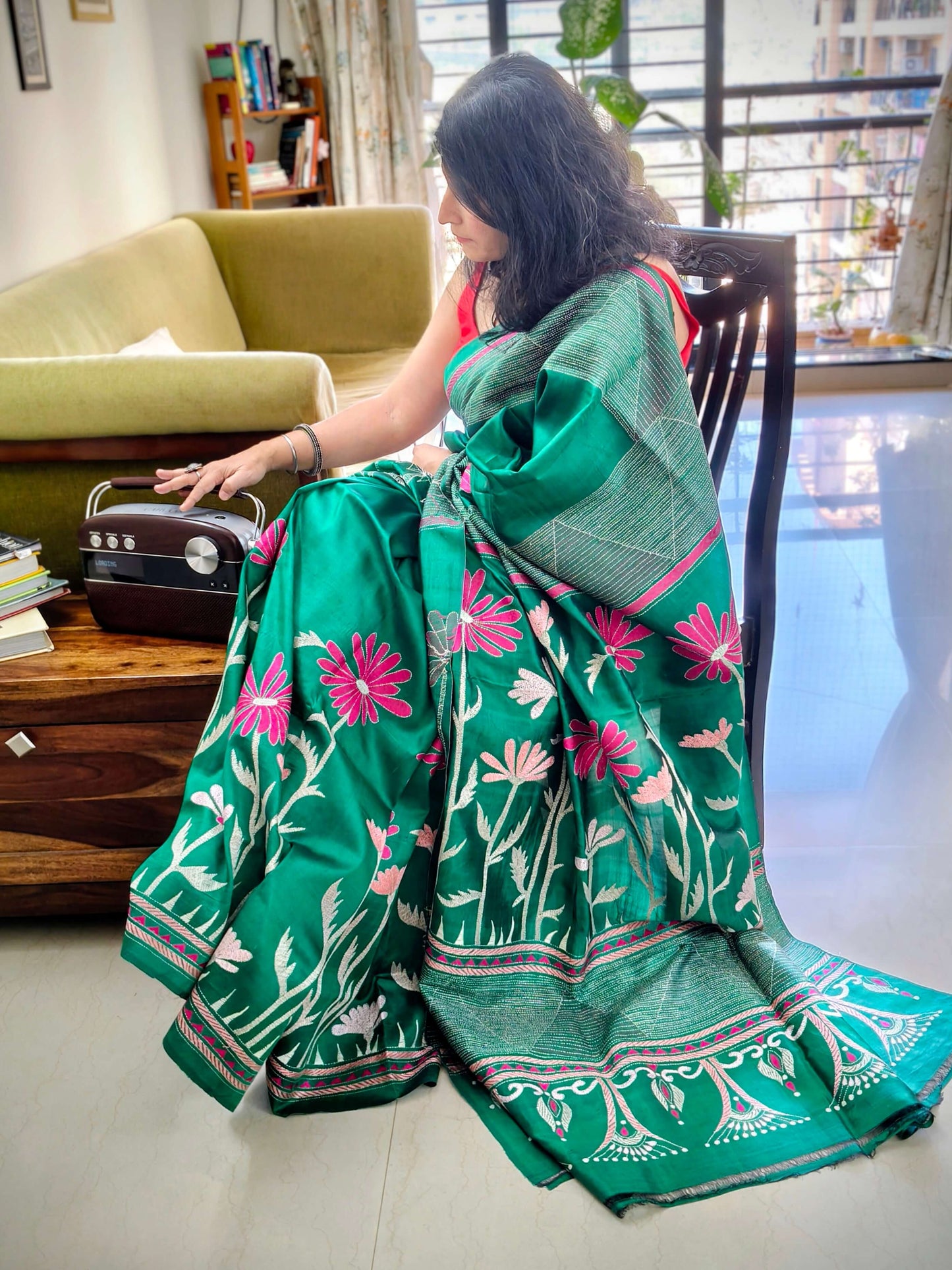 Green floral Silk with Kantha Stitch