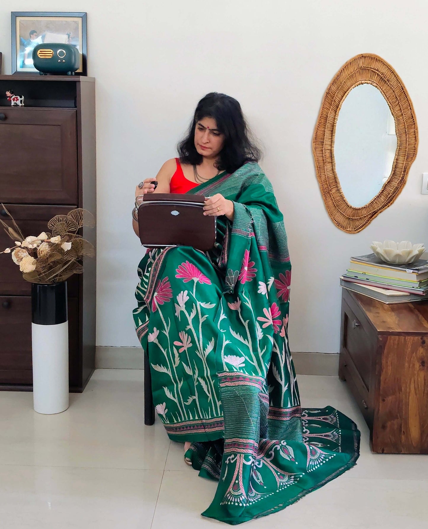 Green floral Silk with Kantha Stitch