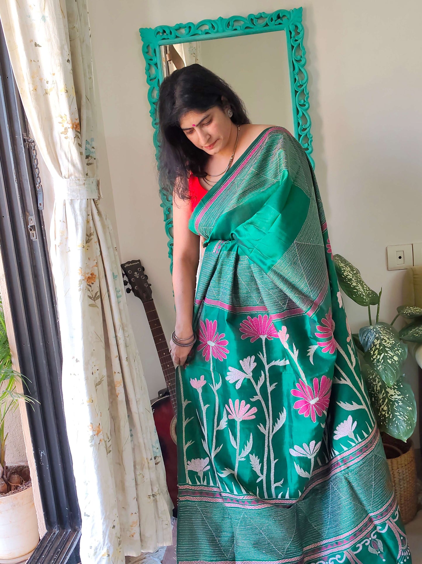 Green floral Silk with Kantha Stitch