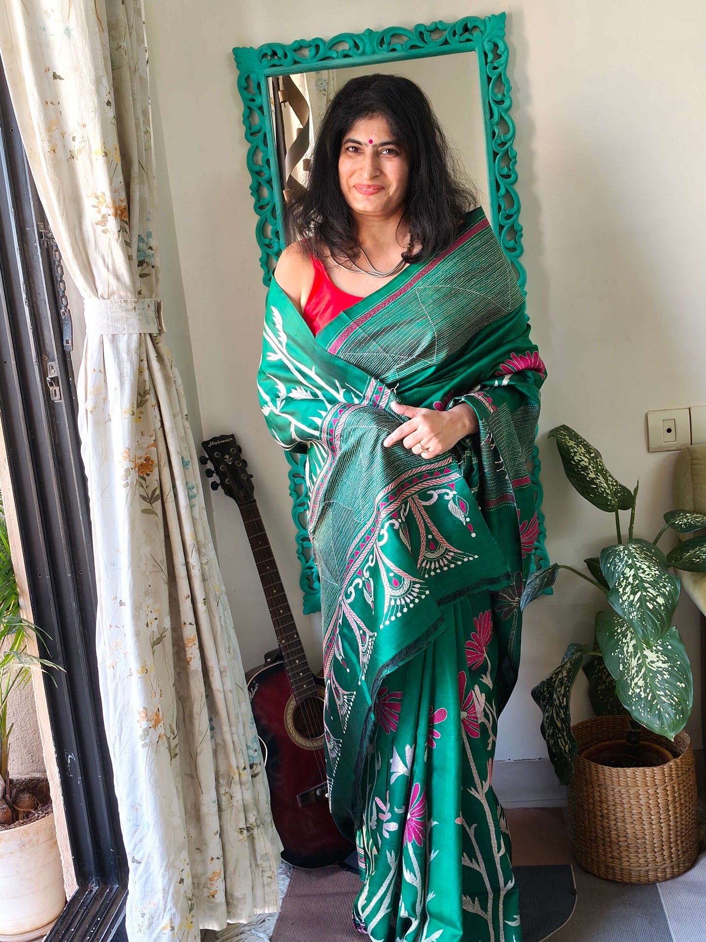Green floral Silk with Kantha Stitch