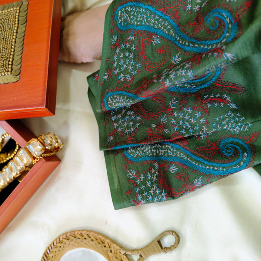 Green Silk Sozni Saree from Kashmir