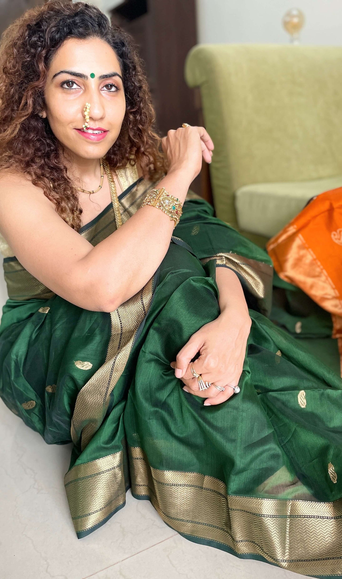 Green orange Maheshwari Saree ~ Rang collection