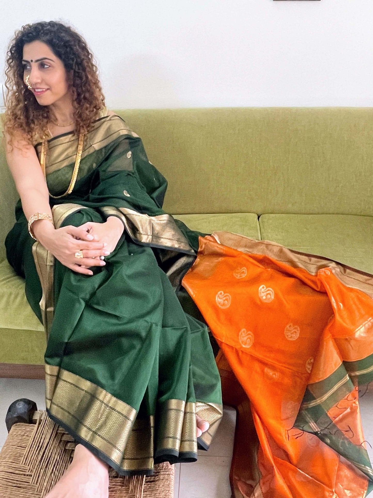 Green orange Maheshwari Saree ~ Rang collection