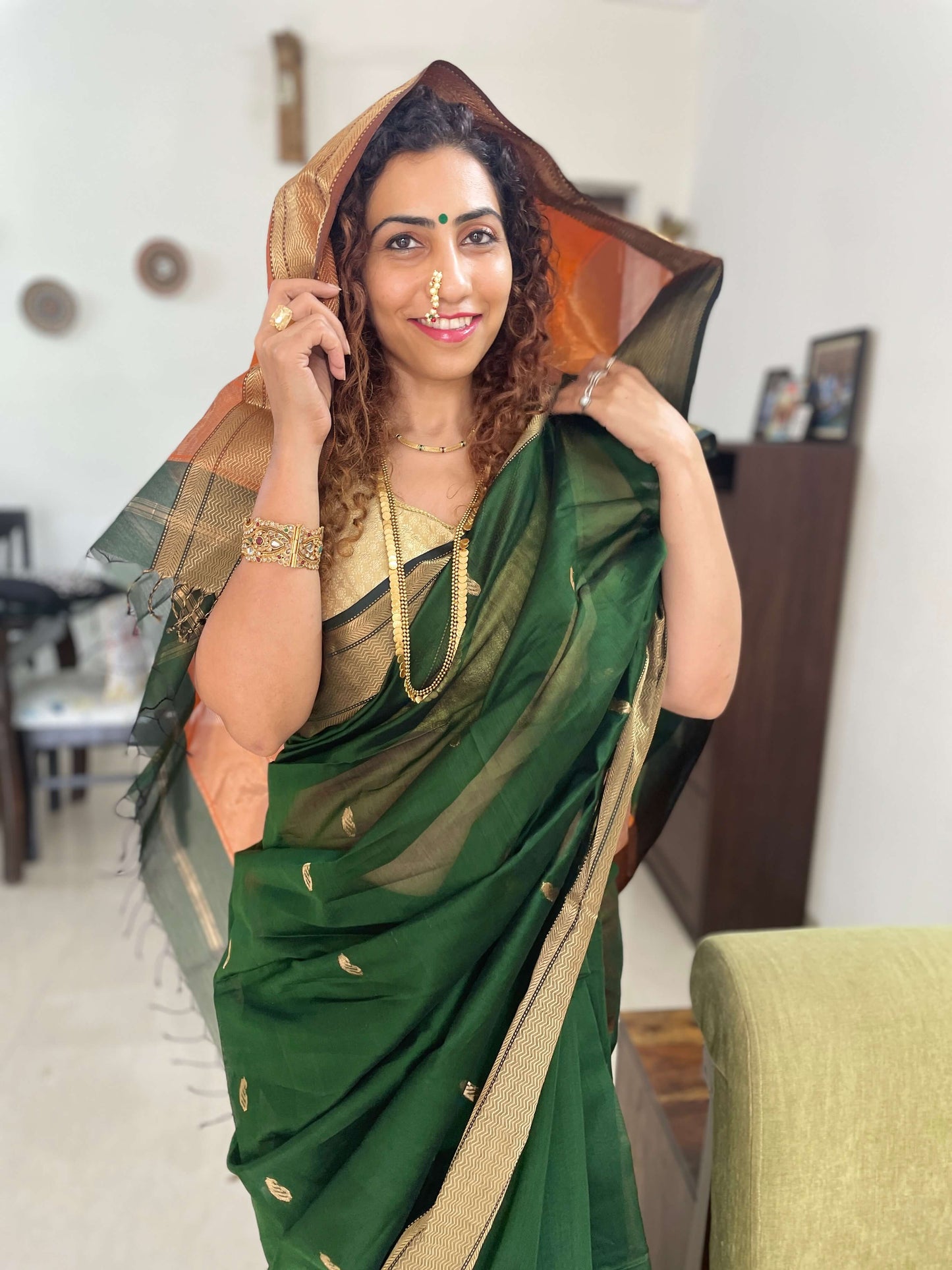 Green orange Maheshwari Saree ~ Rang collection