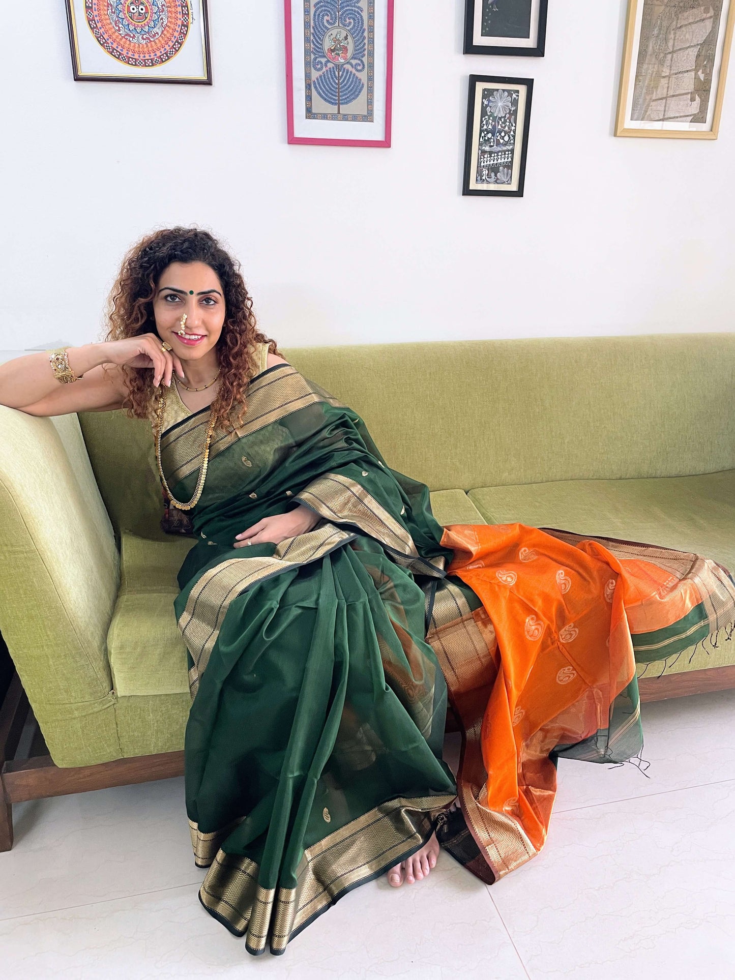 Green orange Maheshwari Saree ~ Rang collection