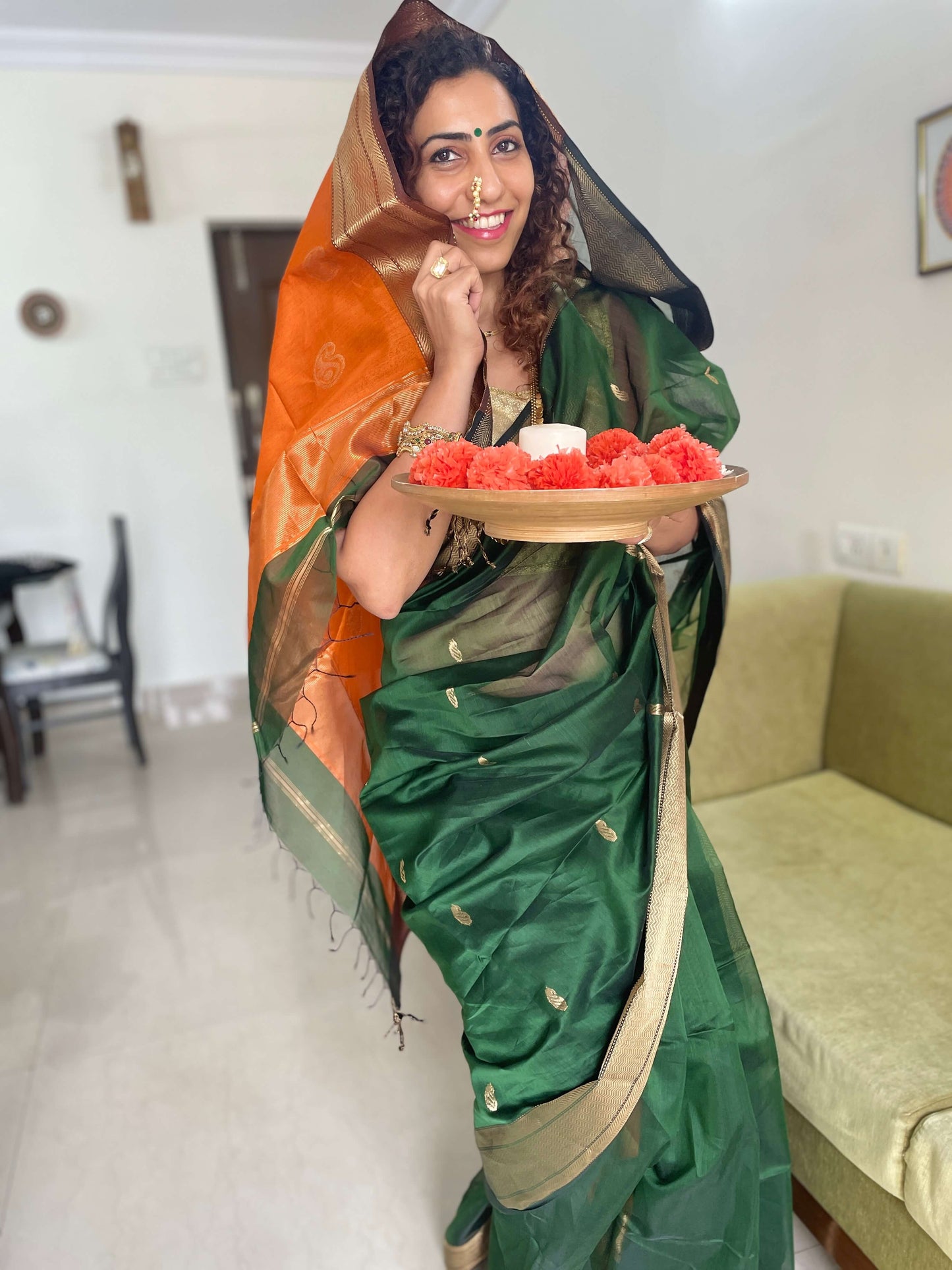 Green orange Maheshwari Saree ~ Rang collection