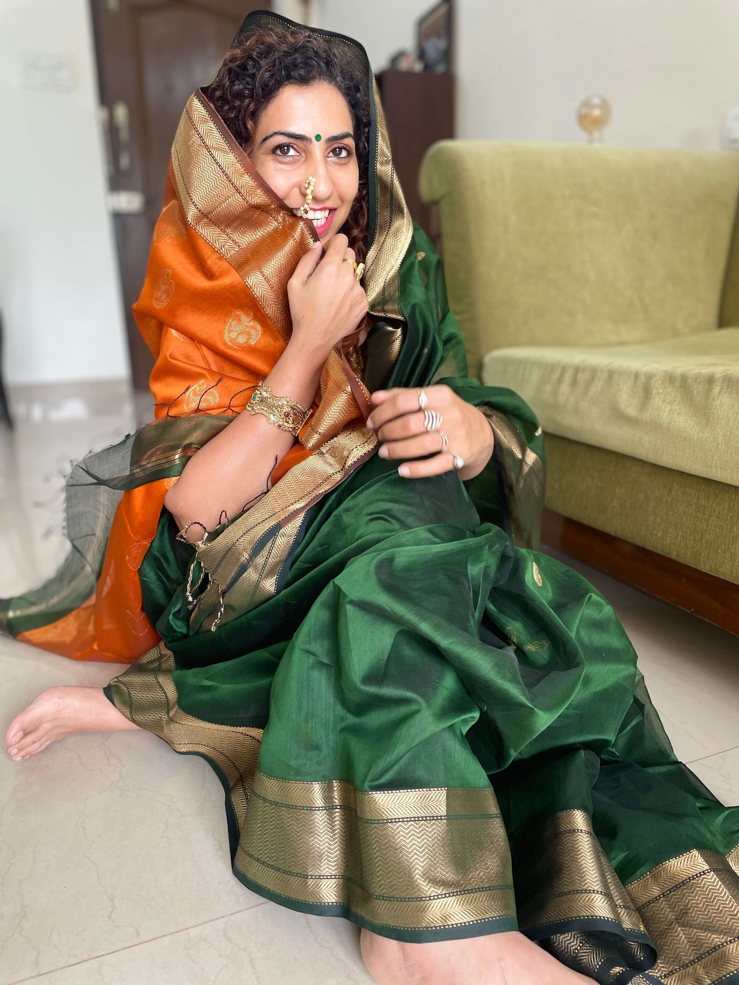 Green orange Maheshwari Saree ~ Rang collection