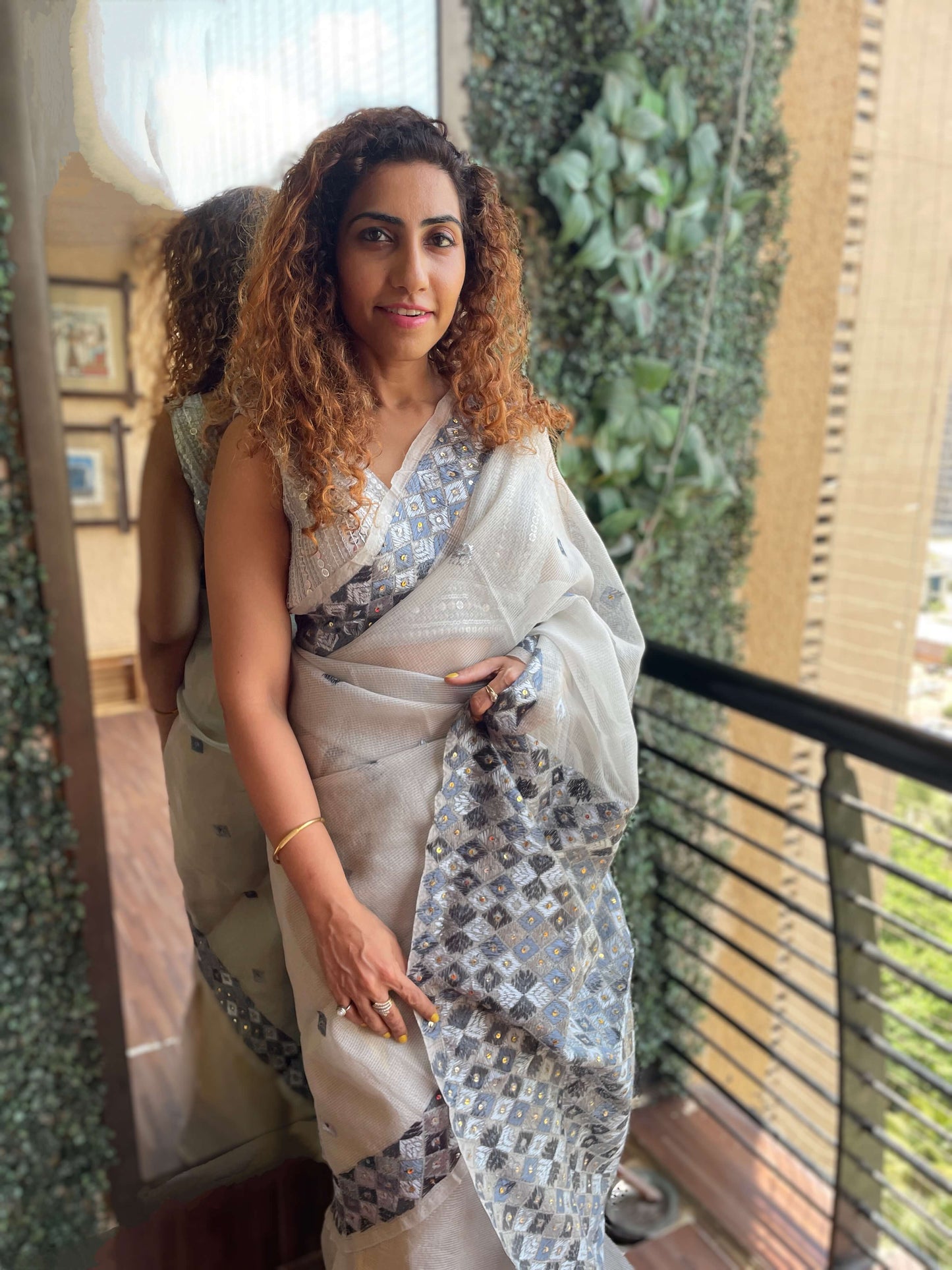 Grey Phulkari embroidery Saree