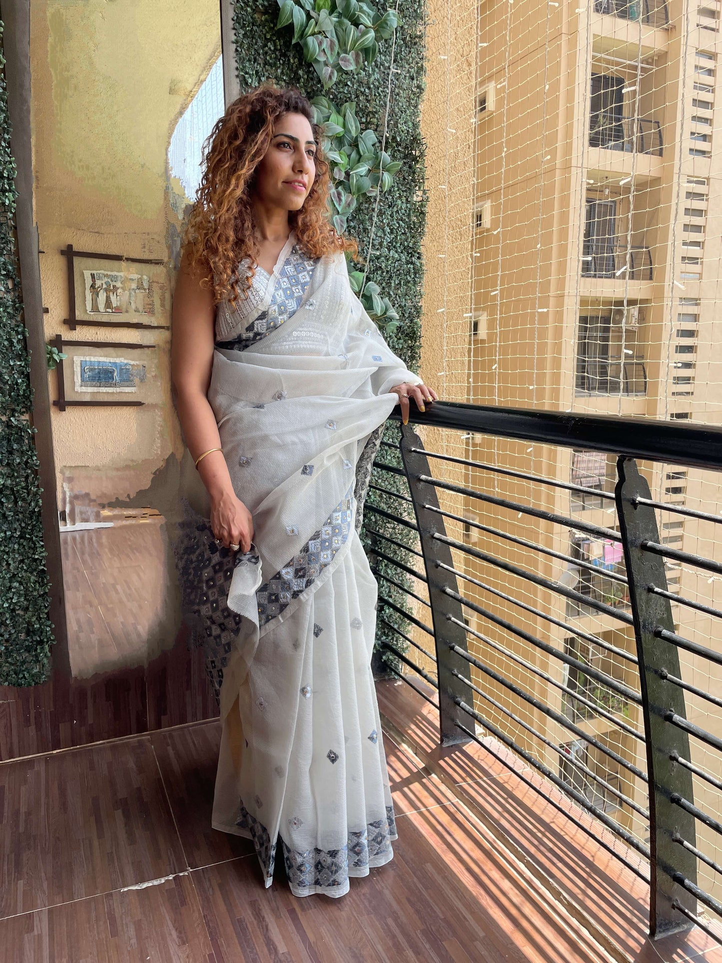 Grey Phulkari embroidery Saree
