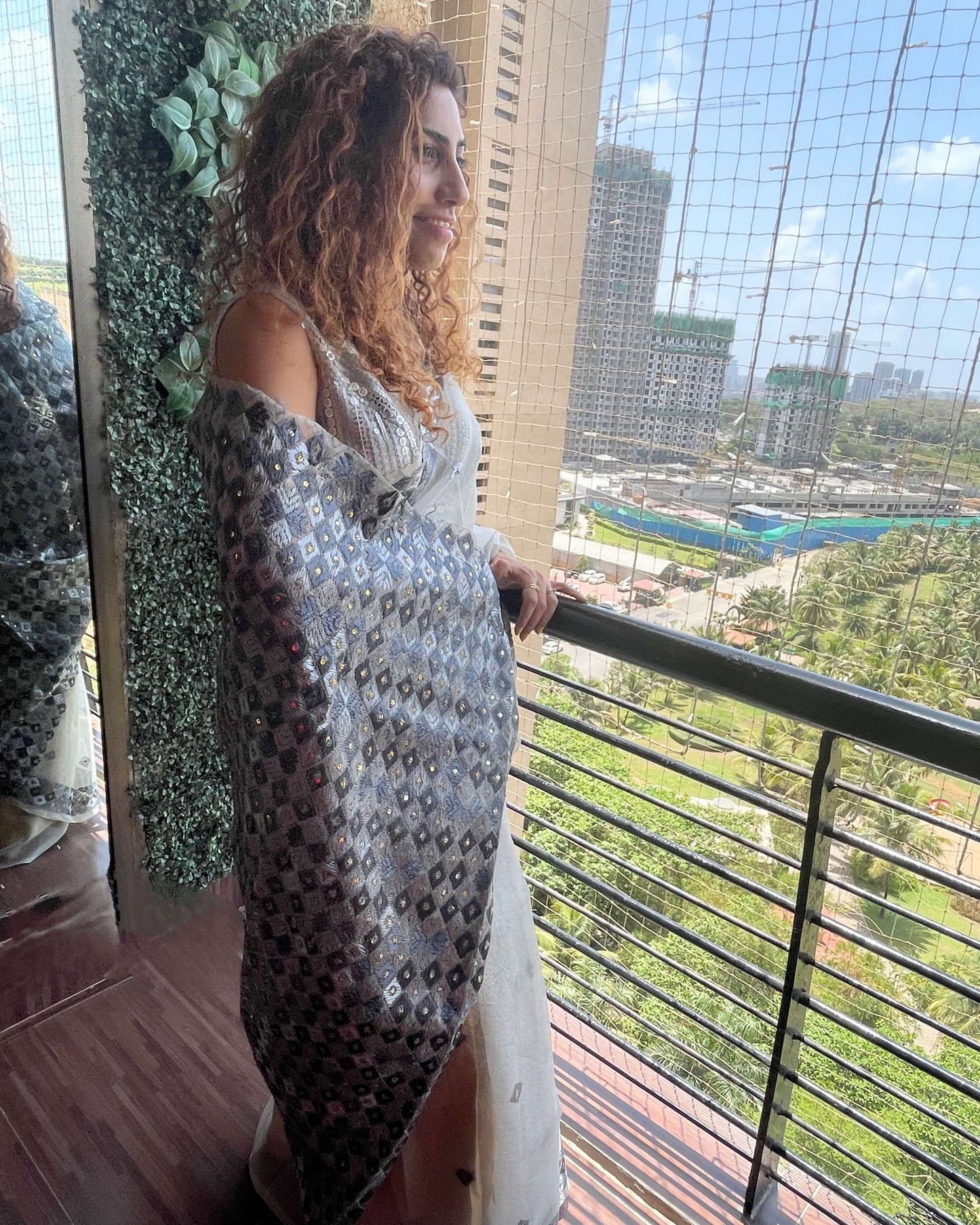 Grey Phulkari embroidery Saree