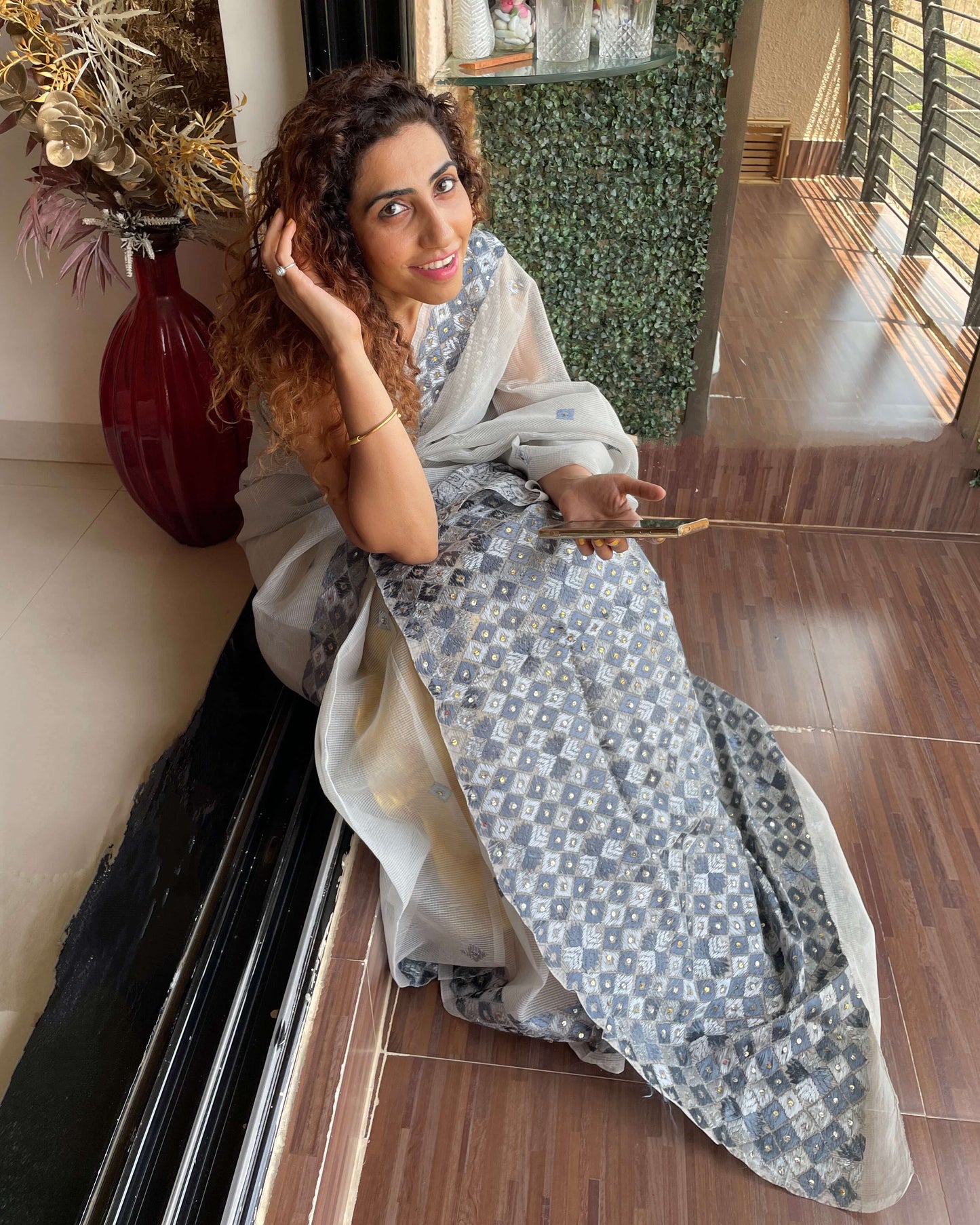 Grey Phulkari embroidery Saree