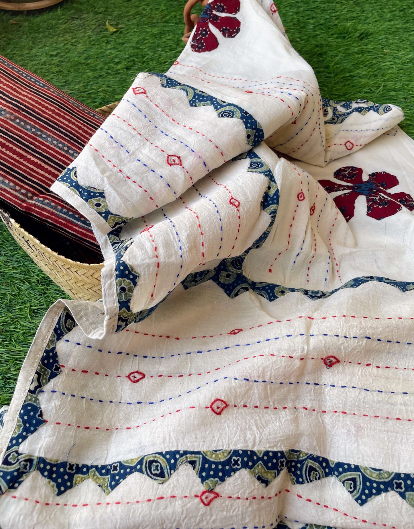 Stripe Ajrakh with white Applique Dupatta