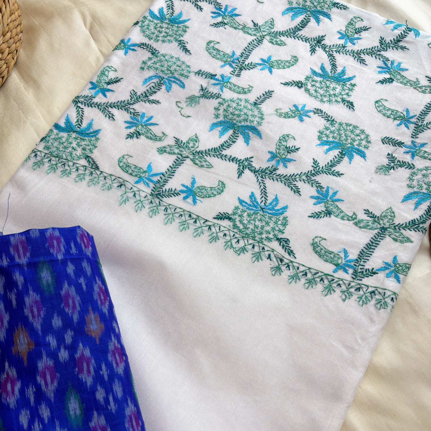 White Sozni Silk Saree