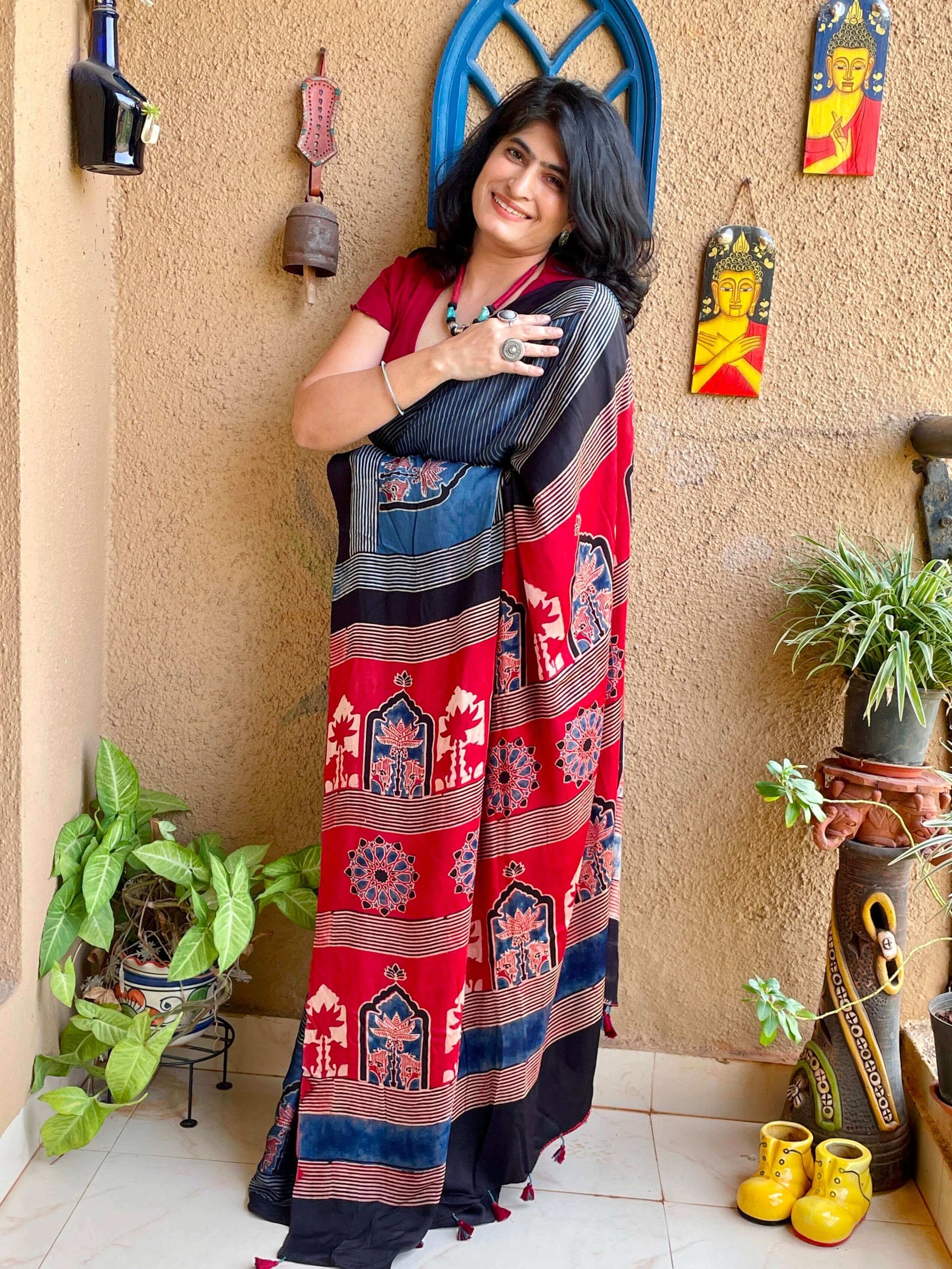 indigo  silk saree with block print ajrakh