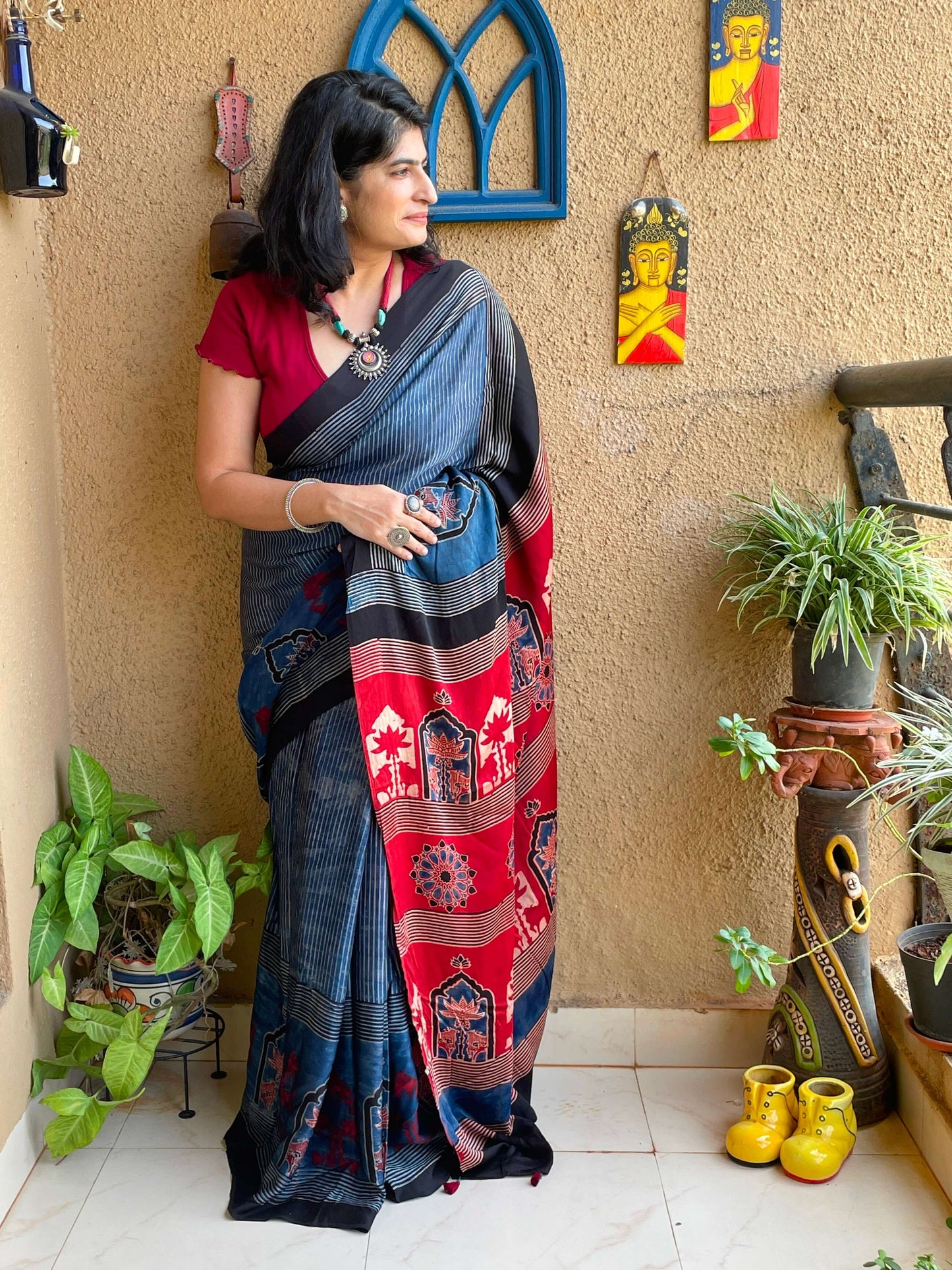 indigo silk saree with block print ajrakh