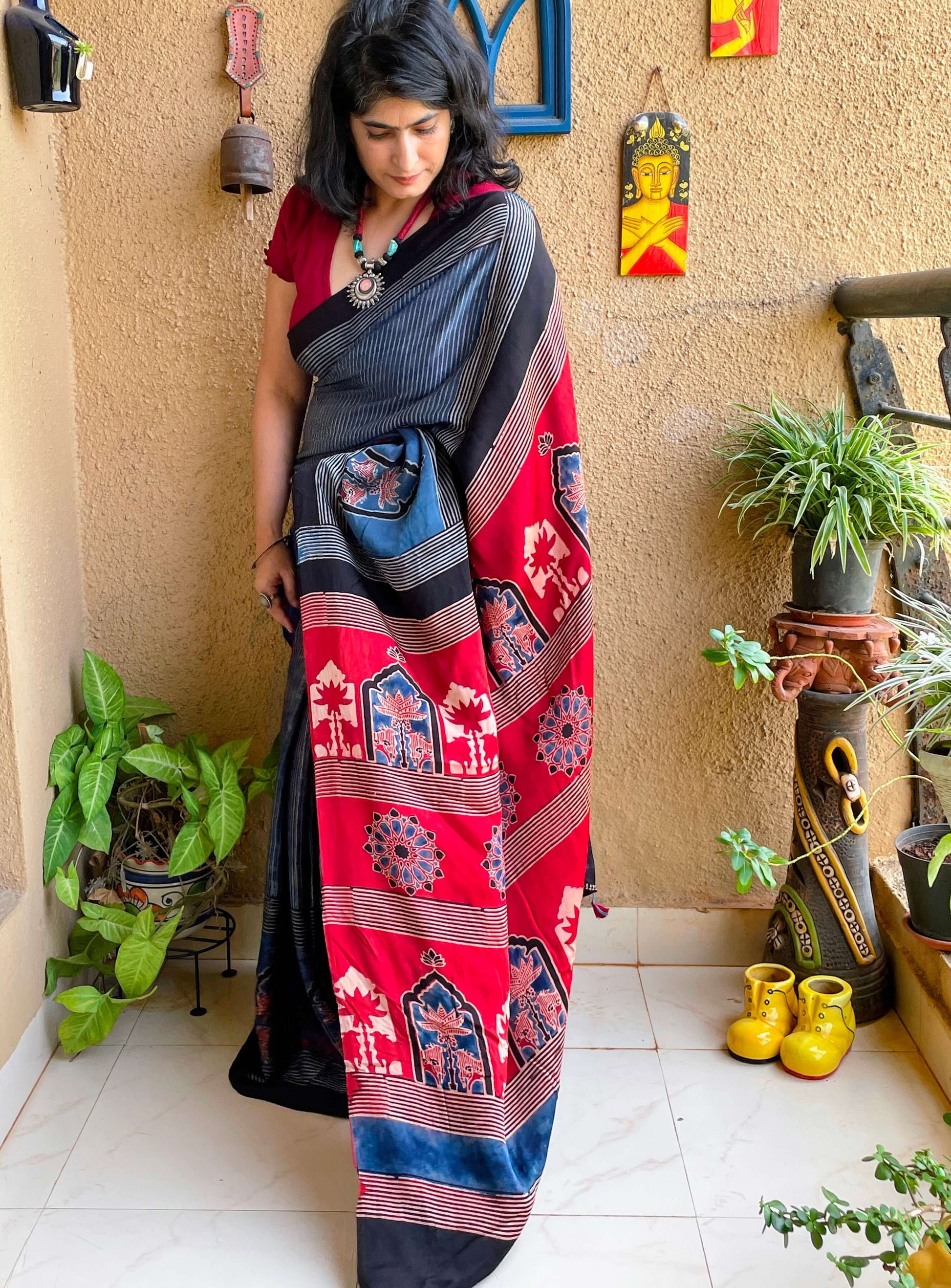 indigo silk saree with block print ajrakh