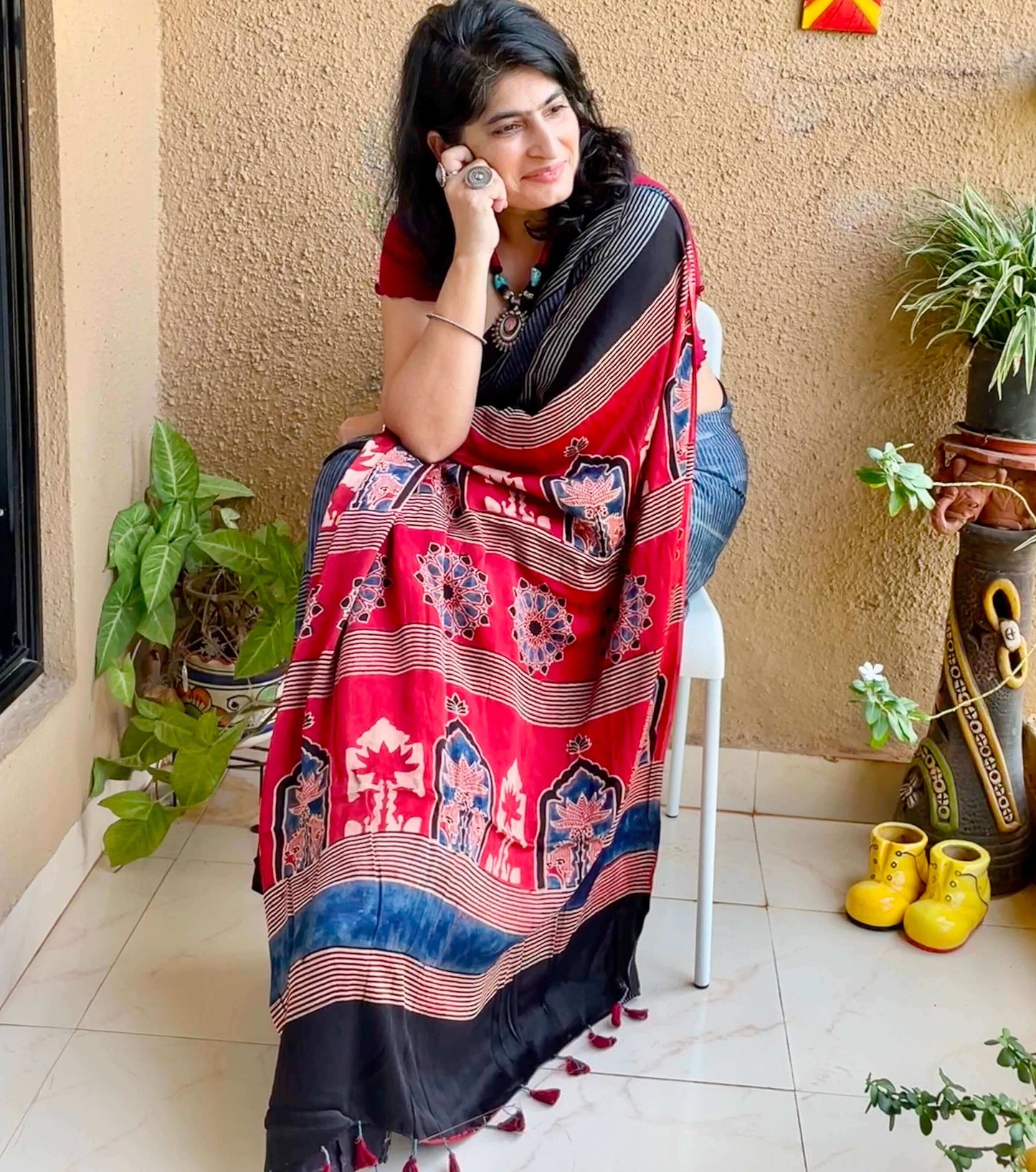 indigo silk saree with block print ajrakh