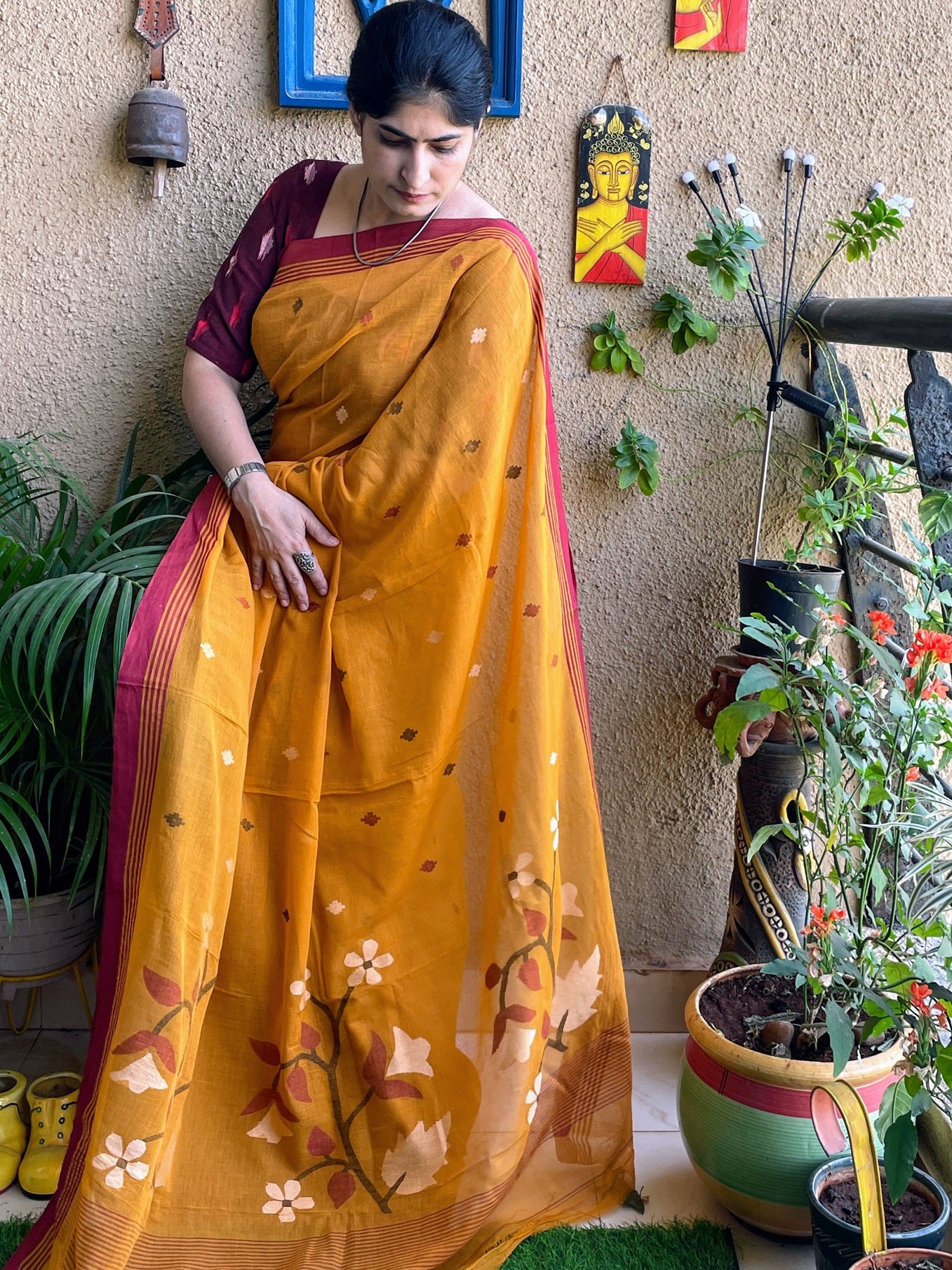 Mustard yellow Jamdani cotton saree