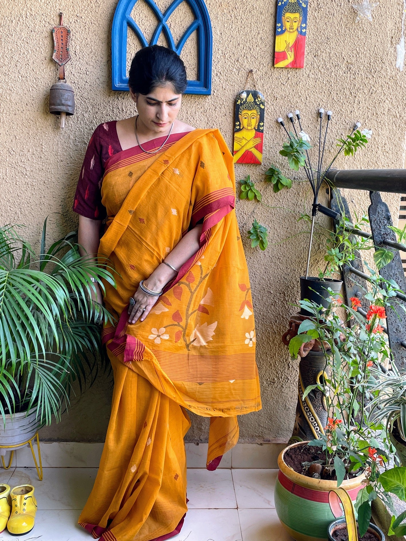 Mustard yellow Jamdani cotton saree