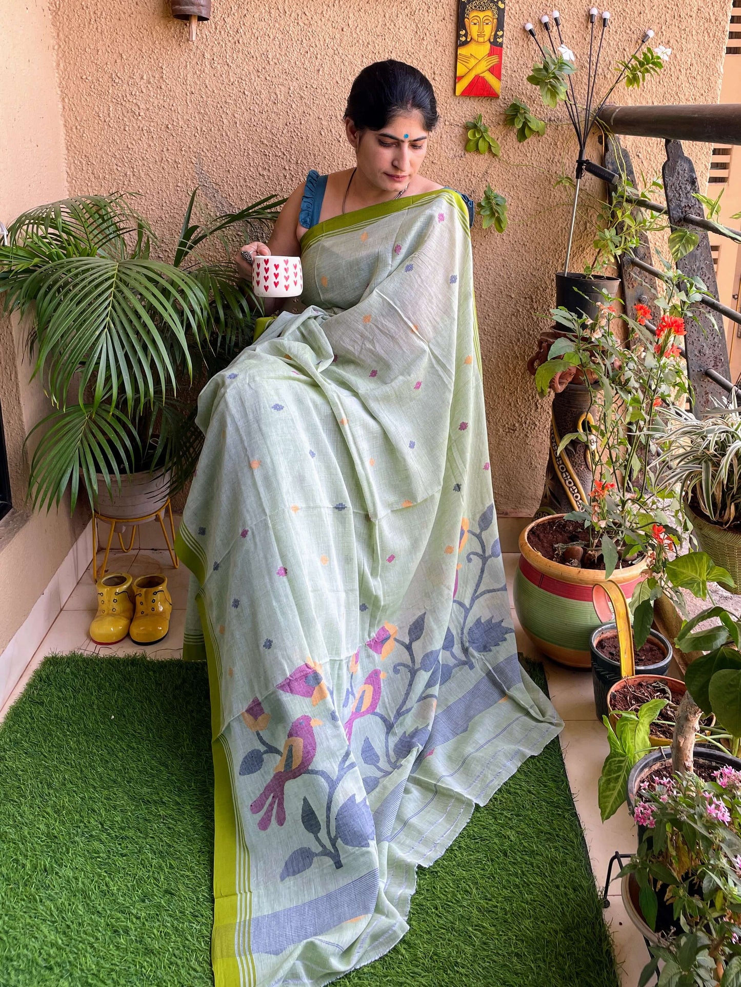 Sage green Jamdani cotton saree