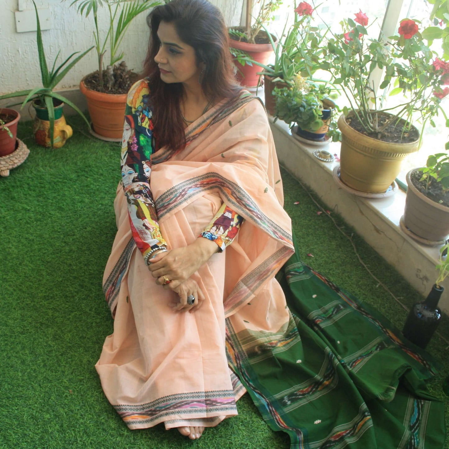 peach green dobby ikat saree