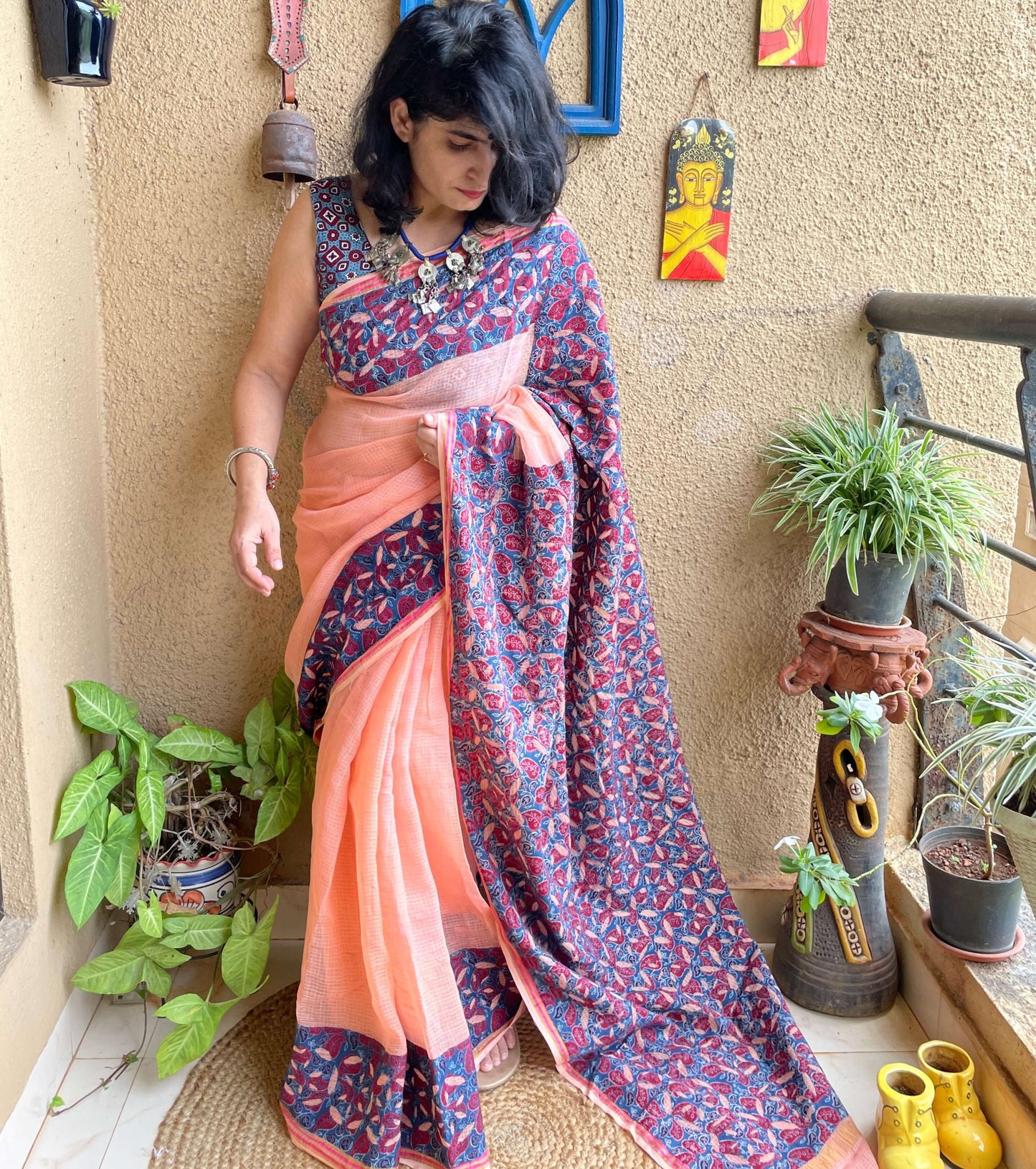 Peach Applique Kota Saree