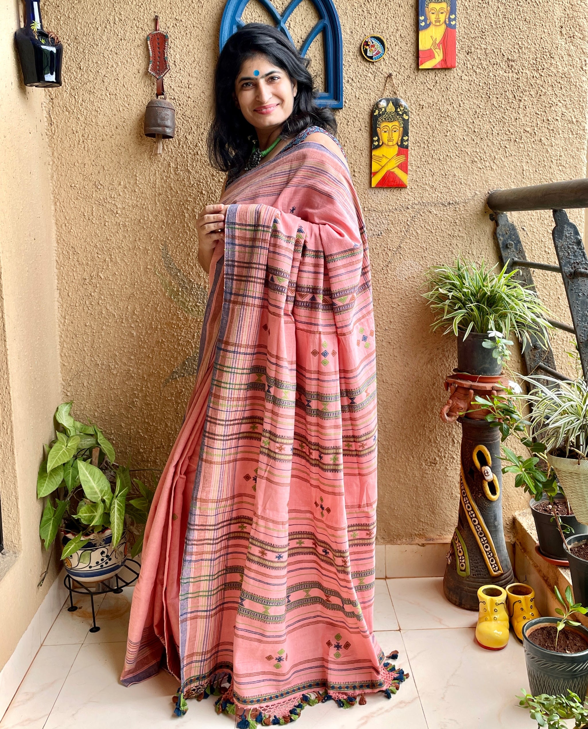 The Pink Rainbow Checks Bhujodi Saree : Pure Kala Cotton Unique Bhujodi Handloom Saree