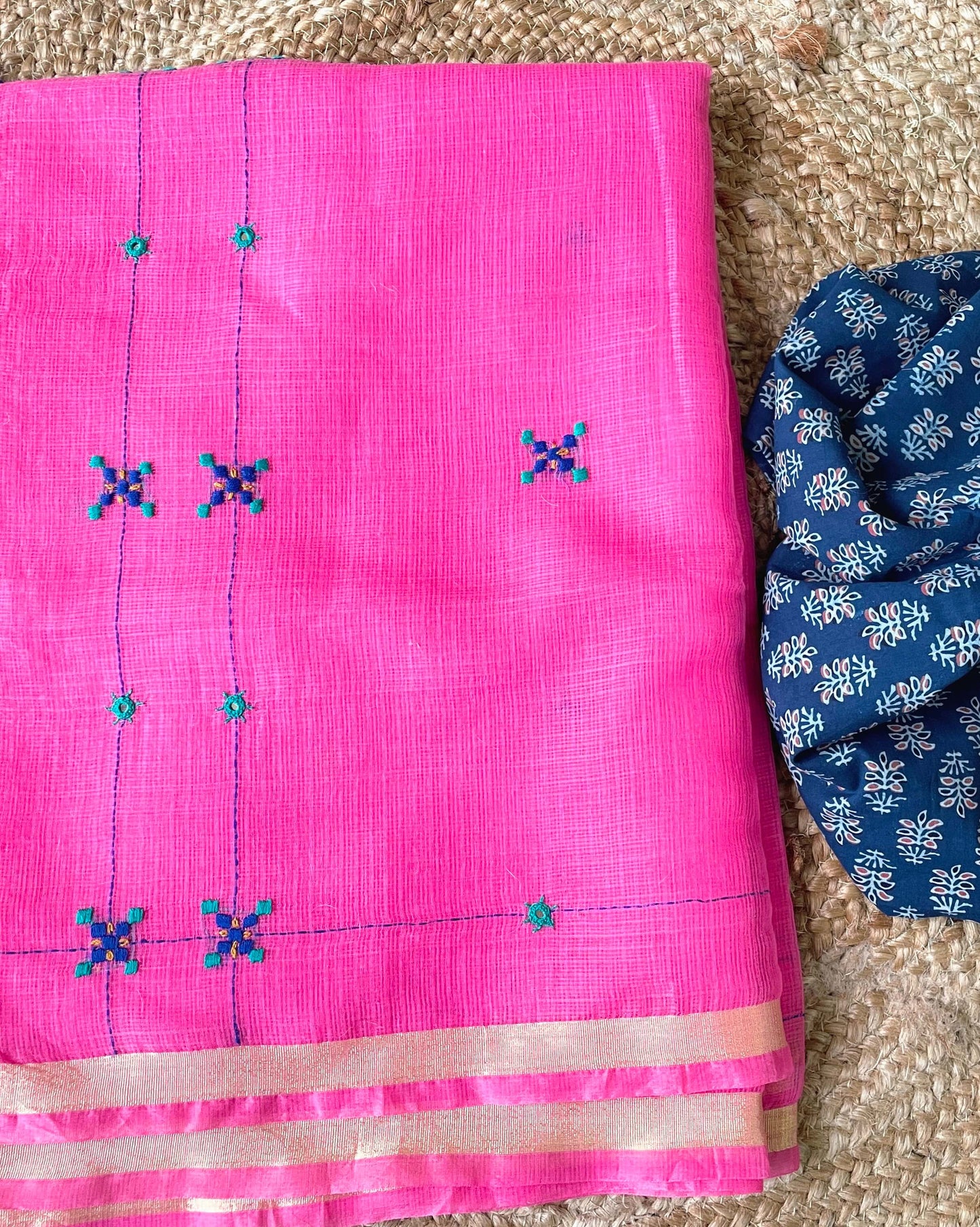 Hot Pink Kota embroidered Saree