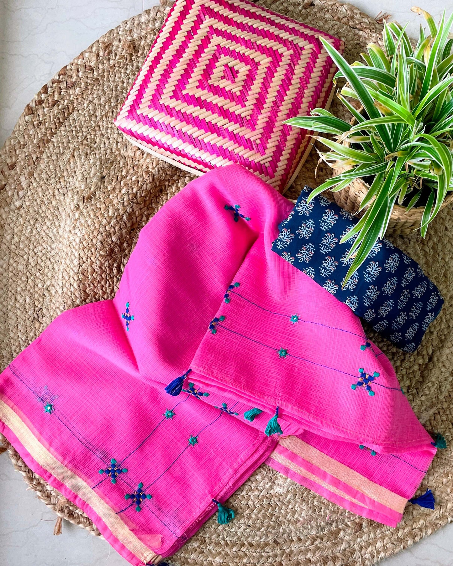 Hot Pink Kota embroidered Saree