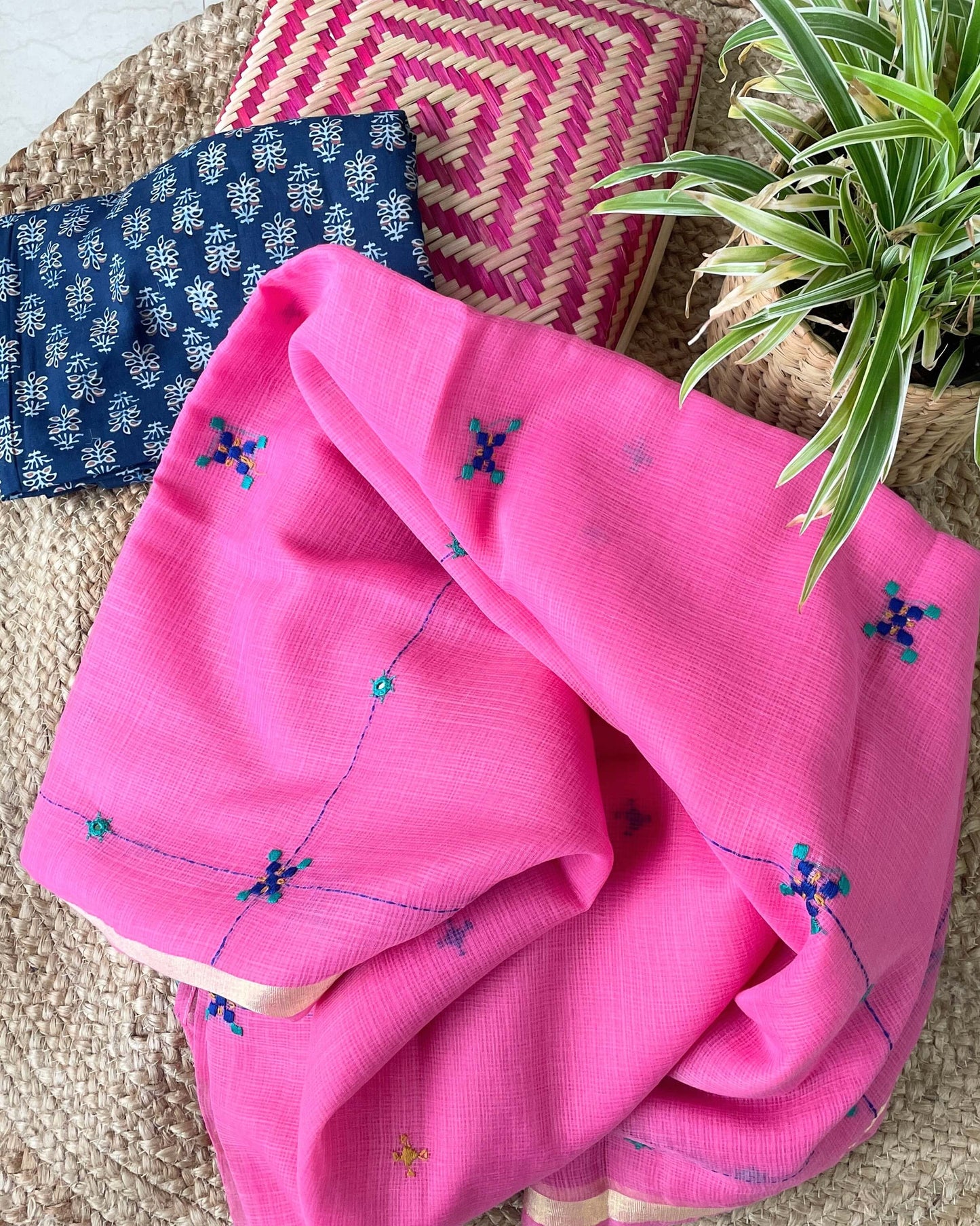 Hot Pink Kota embroidered Saree