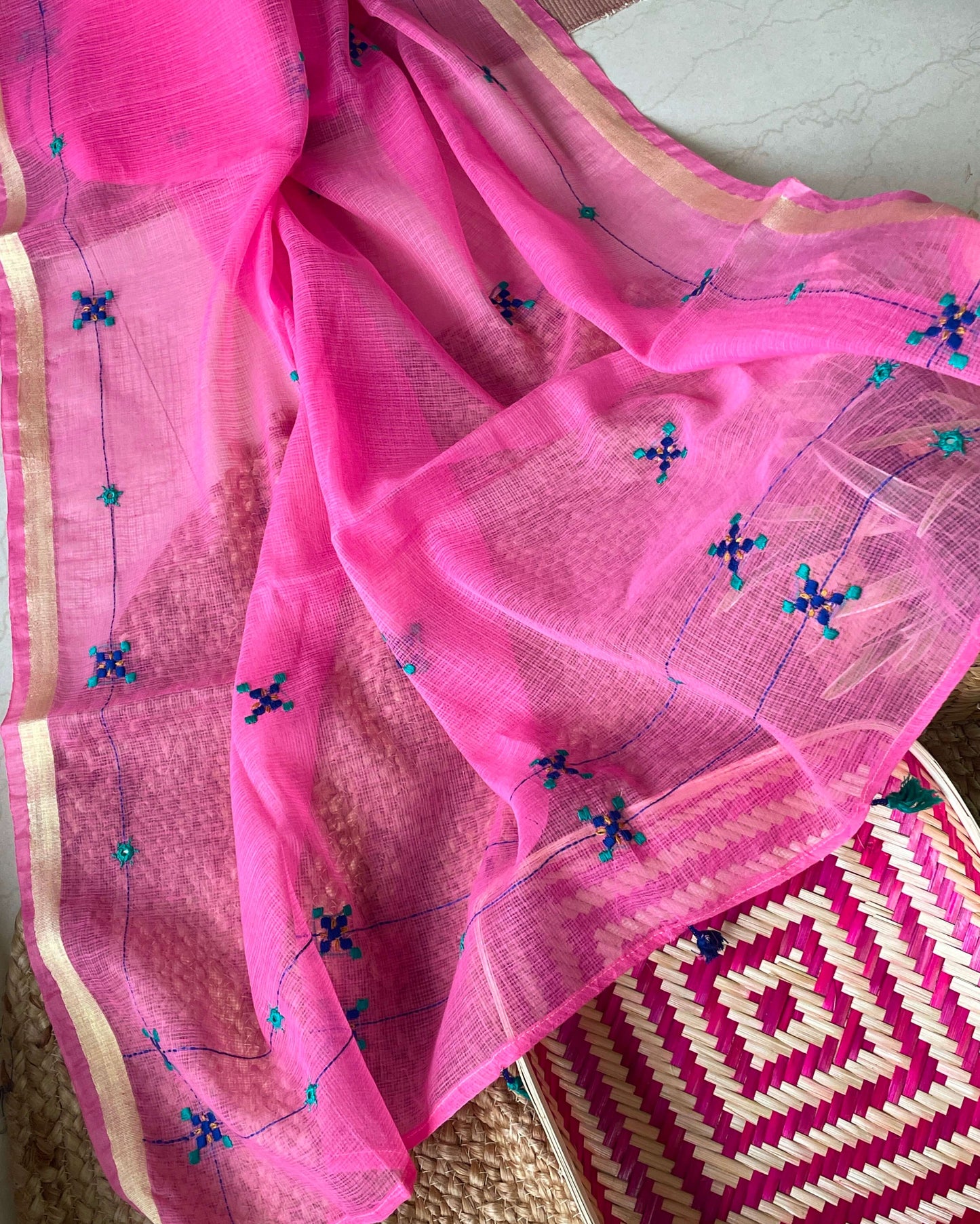 Hot Pink Kota embroidered Saree